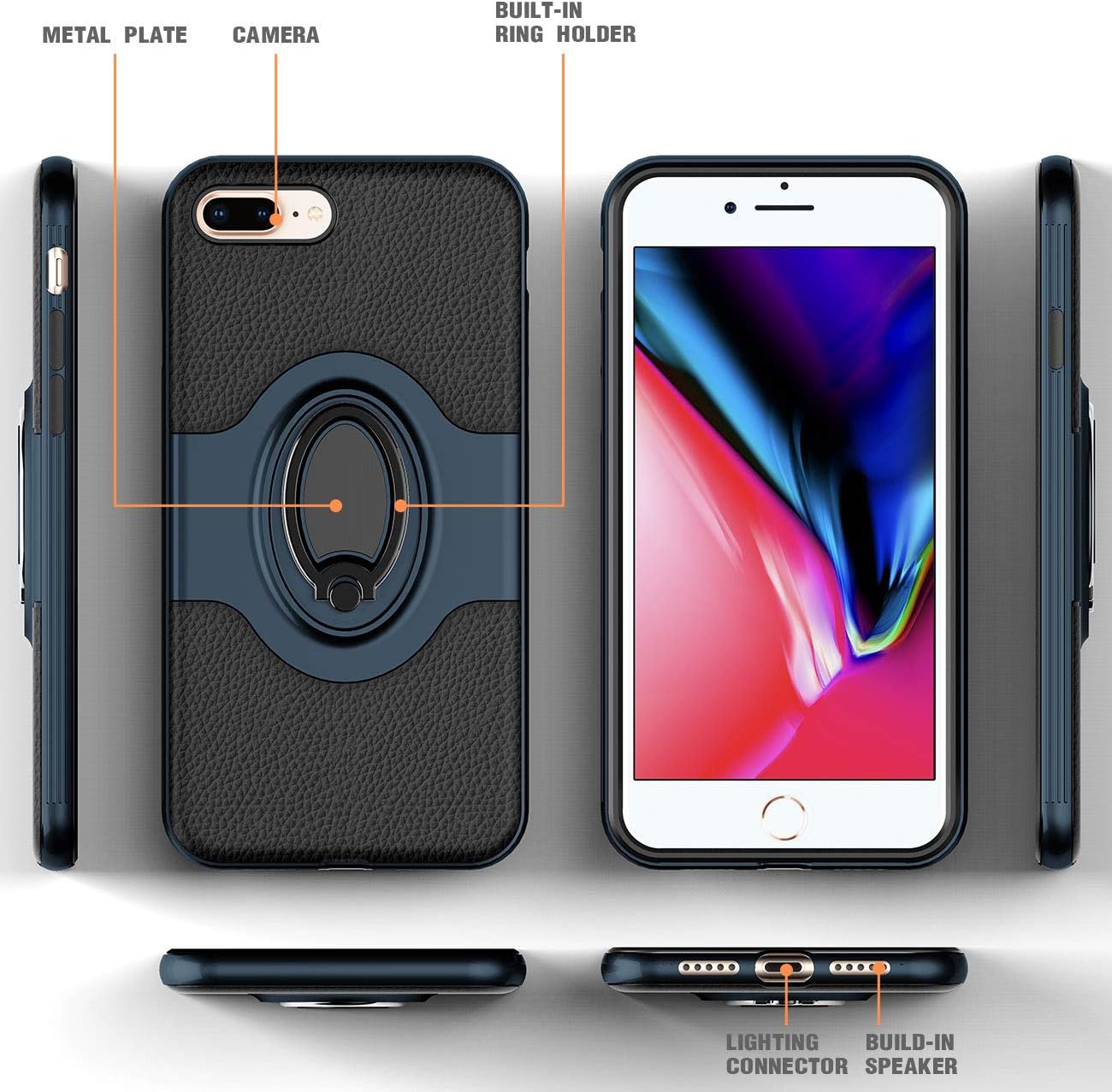 eSamcore iPhone 7 Plus Case, iPhone 8 Plus Case Ring Holder Kickstand Cases + Dashboard Magnetic Phone Car Mount for iPhone 7/8 Plus [Navy Blue]