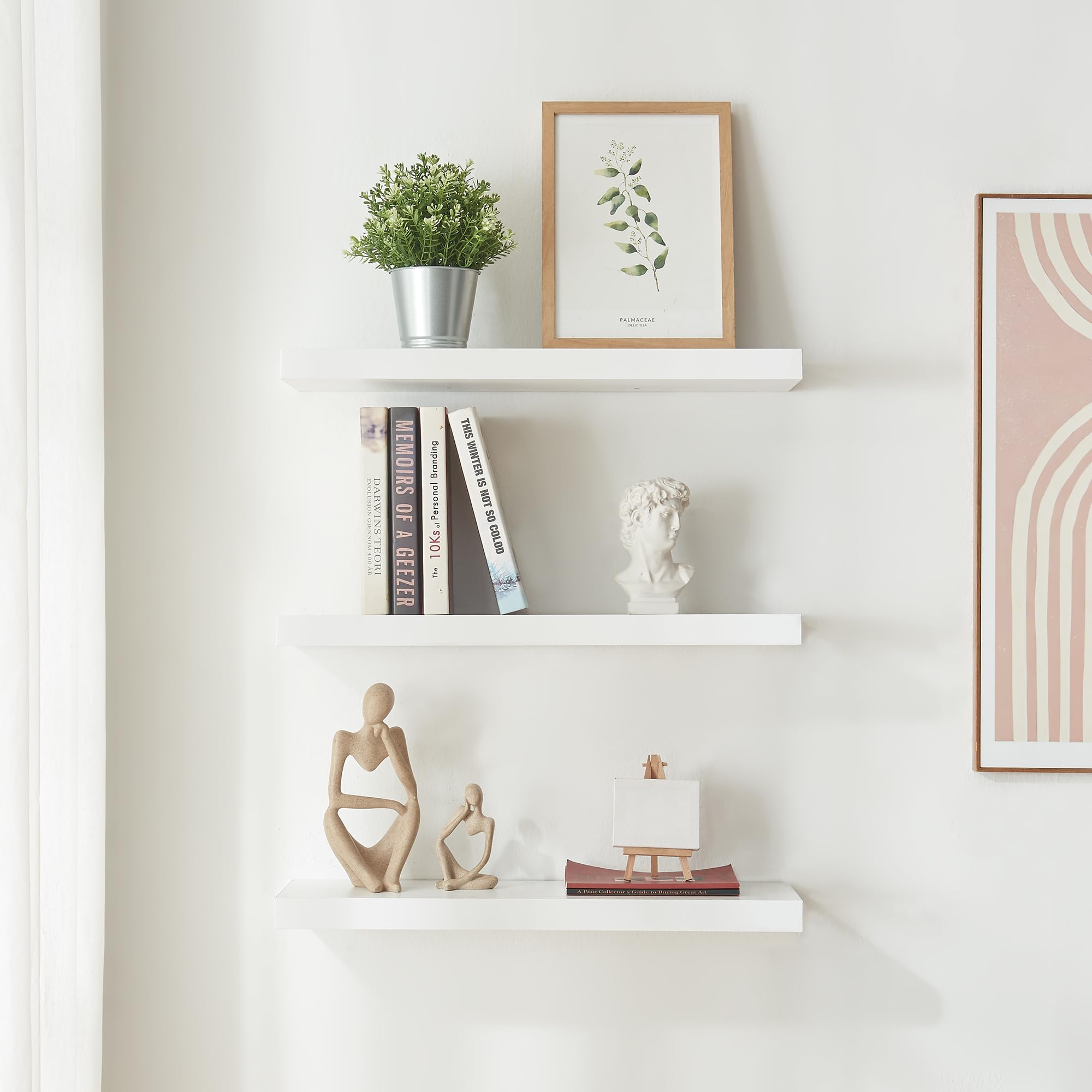 [en.casa] Set di 3 Mensole da Muro 60x20x4 cm Consolle Portaoggetti da Parete Mensole Sospese con Fissaggio Nascosto Ideali per Soggiorno Cucina Bagno - Bianco