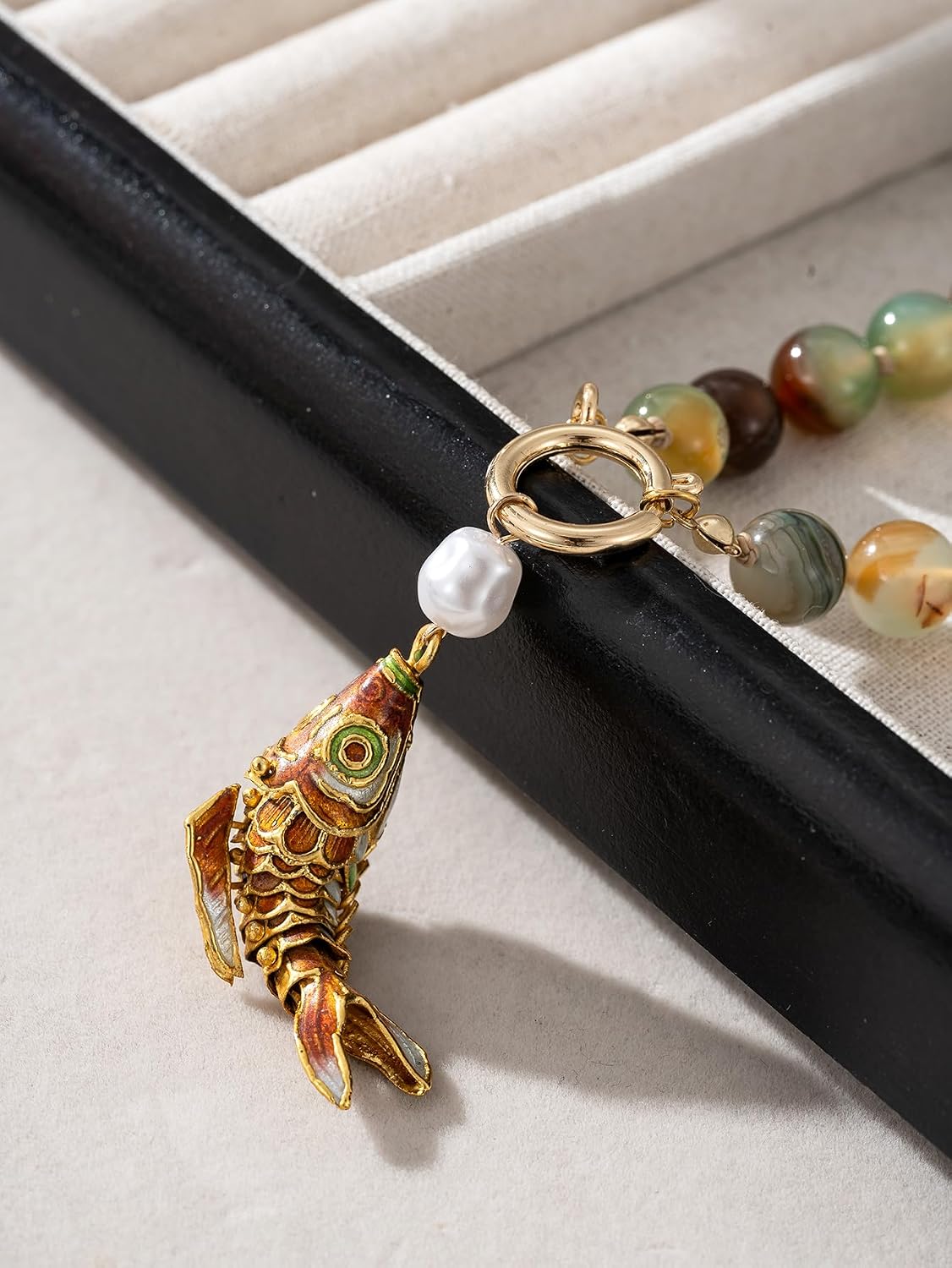 Handcrafted Multi-Colored Gemstone Beaded Necklace Gold Lucky Fish Pendant Pearl Exquisite Necklace for Women Simple Fashion Colorful Gemstones Necklaces Jewelry