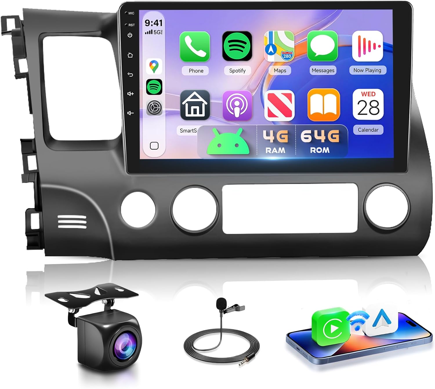 Podofo 4G+64G for Honda Civic 2006-2011 Car Stereo Radio 10.1 inch Android 15 Wireless Carplay Android Auto Touch Screen Bluetooth5.0 GPS Navigation WiFi 32-EQ FM/RDS Backup Camera