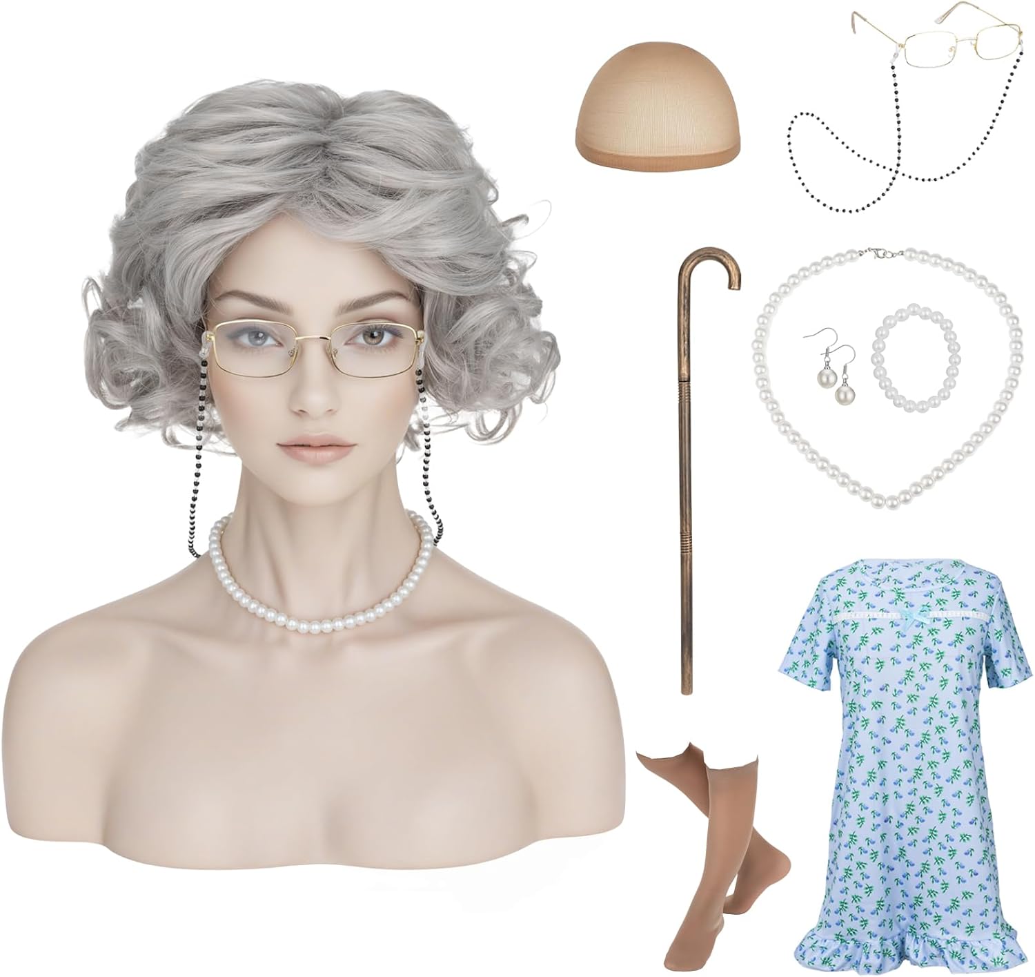 SEGO SEGOHAIR Old Lady Wig for Women, Granny Costume Dress With Accessories 10 Pieces, Perfect for 100 Days of School Costume