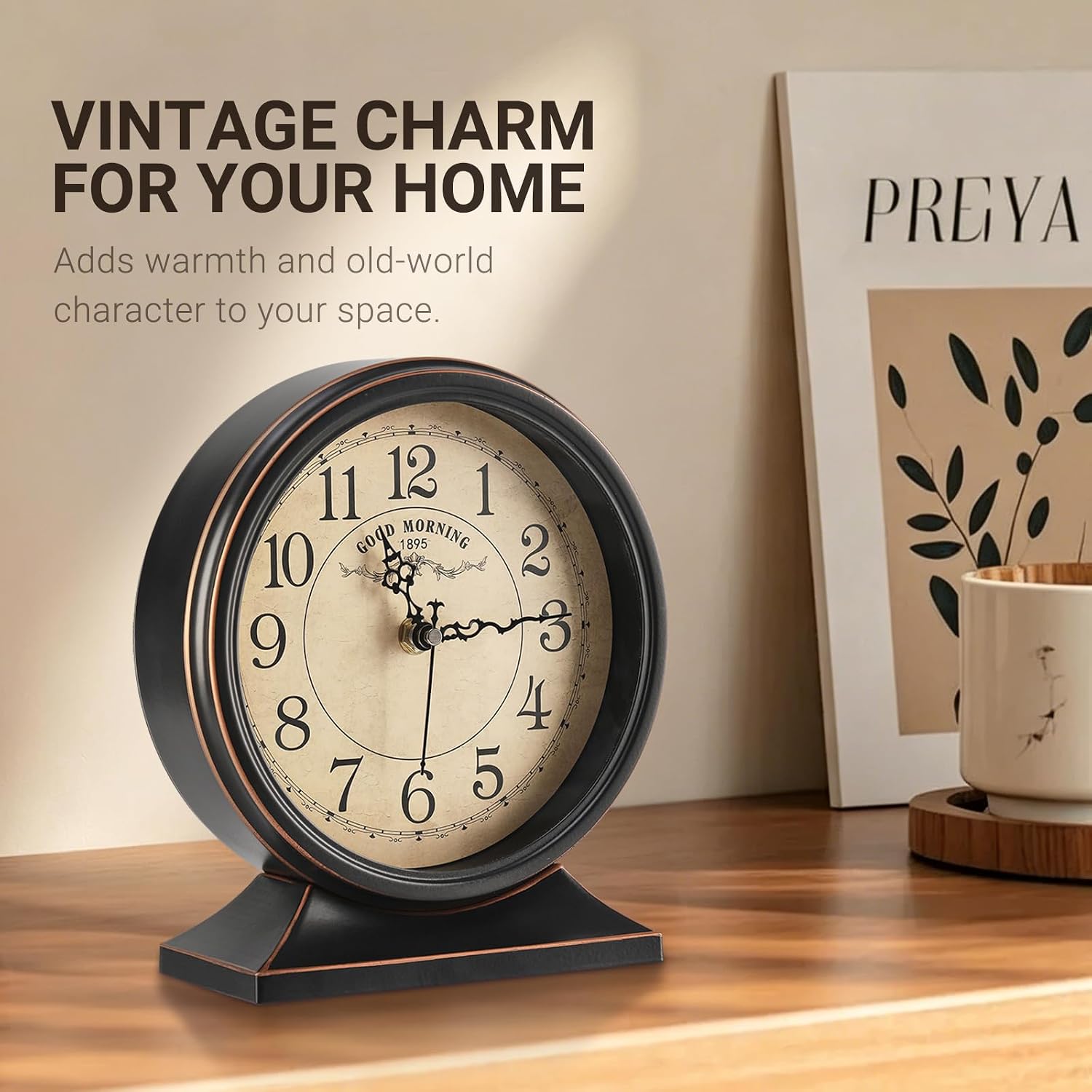 7-Inch Vintage Full Metal Table Clock for Living Room, Antique Mantel Clock with Silent Movement, Large Fireplace Mantel Clock for Shelf, Desk and Entryway Decor