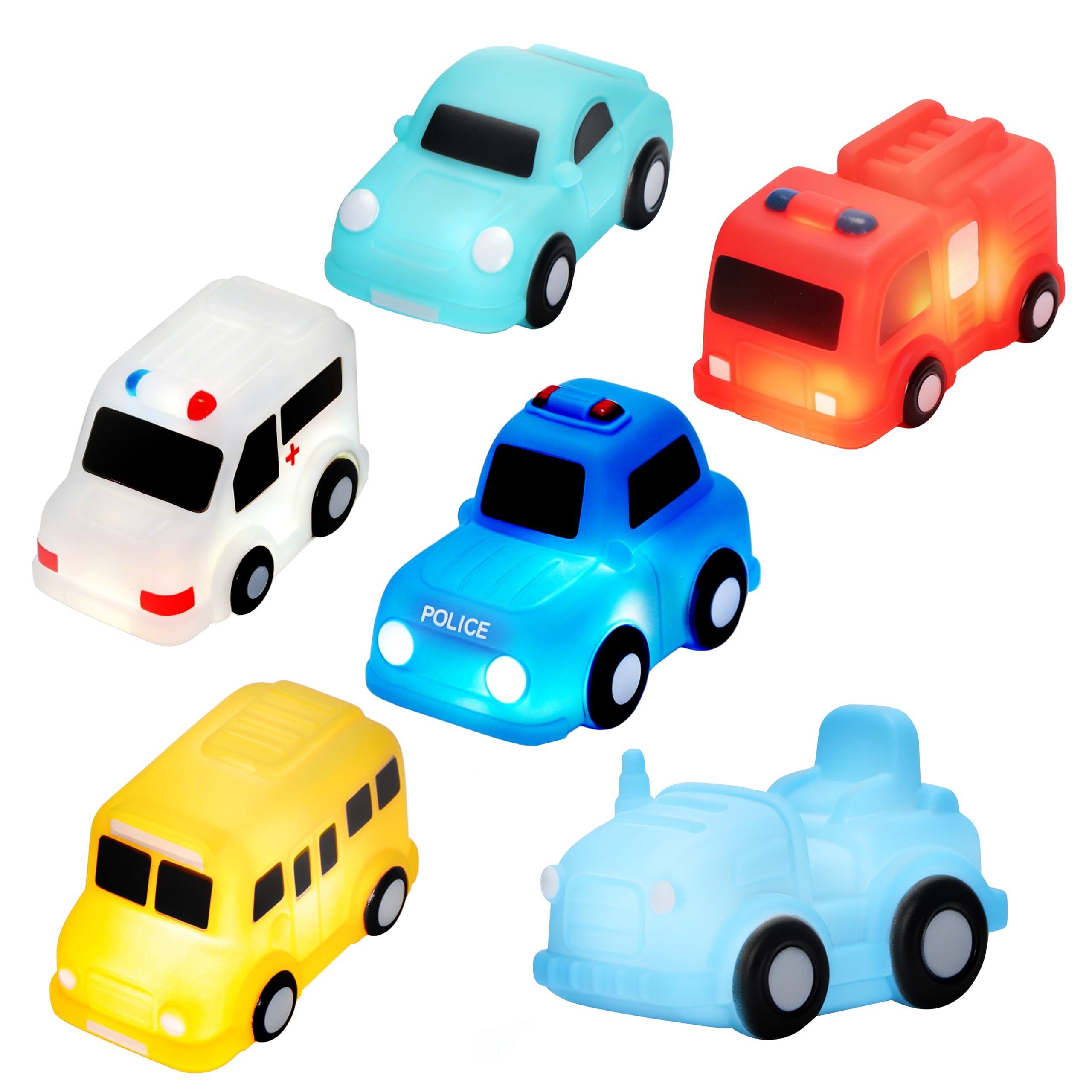 VBACALA Juguetes Baño Ciudad Auto con Luces, 6 Piezas Juguetes de Baño sin Agujero LED, Juegos Flotantes para Niños 3+ Años, Juguetes Luminosos para Bañera, Piscina y Playa
