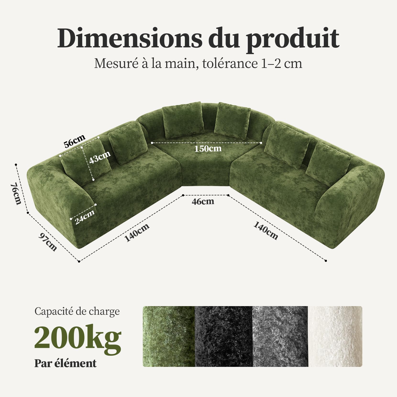 275cm Grünes geschwungenes Ecksofa, Chenille Wolkensofa ohne Rahmen