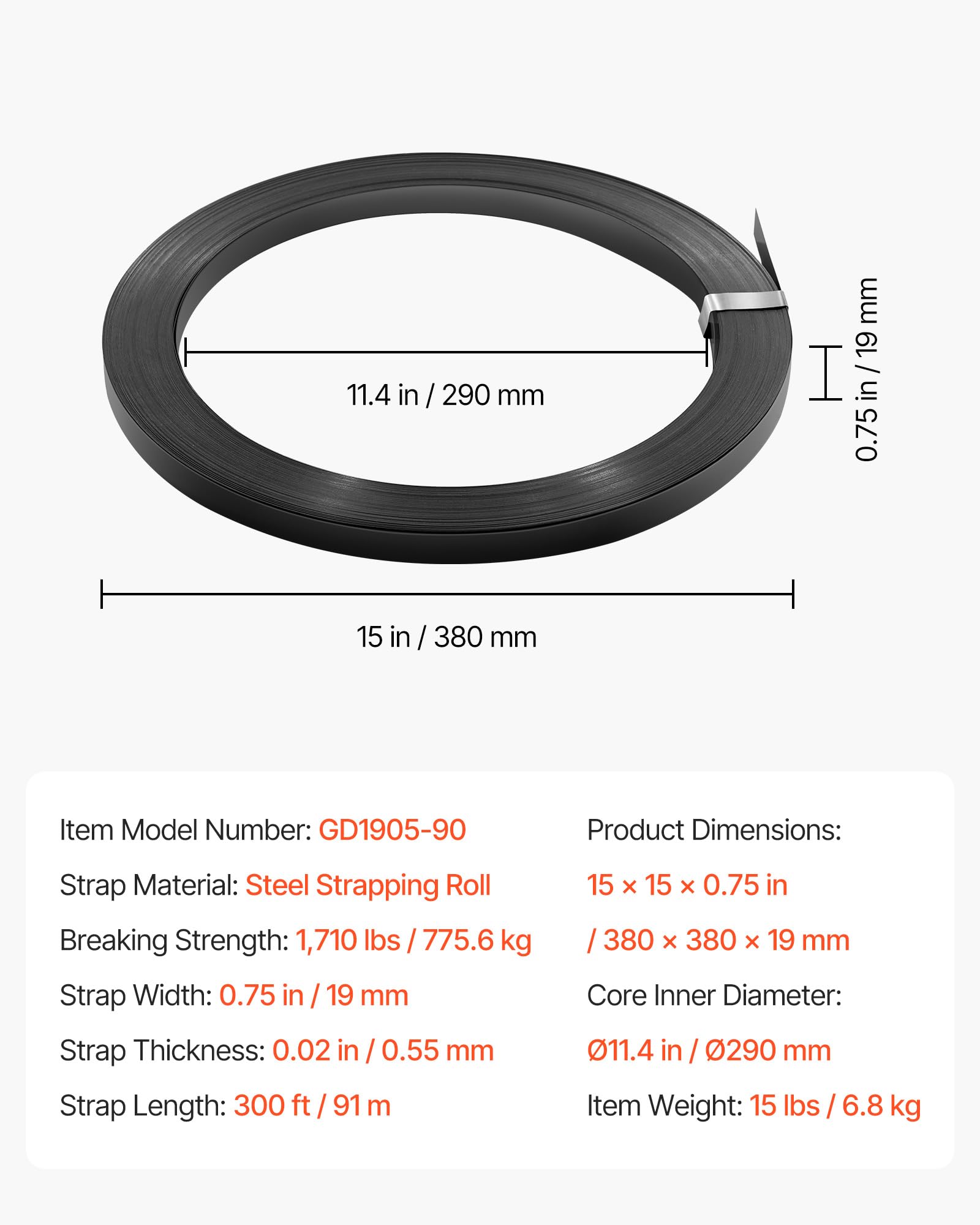 VEVOR Bobina di Reggetta in Acciaio, 19 mm x 0,55 mm x 91 m, Rotolo di Reggia in Metallo Resistente ad Ambienti Difficili, Resistenza alla Rottura di 775,6 kg, per Pallet per Imballaggio su Pallet