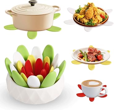 Silicone Succulent Cup Coasters Set of 4, Colorful Trivet Mats, Hot Pads for Pots Pans, Foldable Heat Resistant Coasters with Holder, Multipurpose Kitchen Table Protection Green Yellow White Red