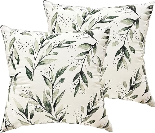Juego de 2 fundas de almohada de hoja de olivo de 18 x 18 pulgadas, fundas cuadradas decorativas de felpa blanca y verde, fundas modernas para