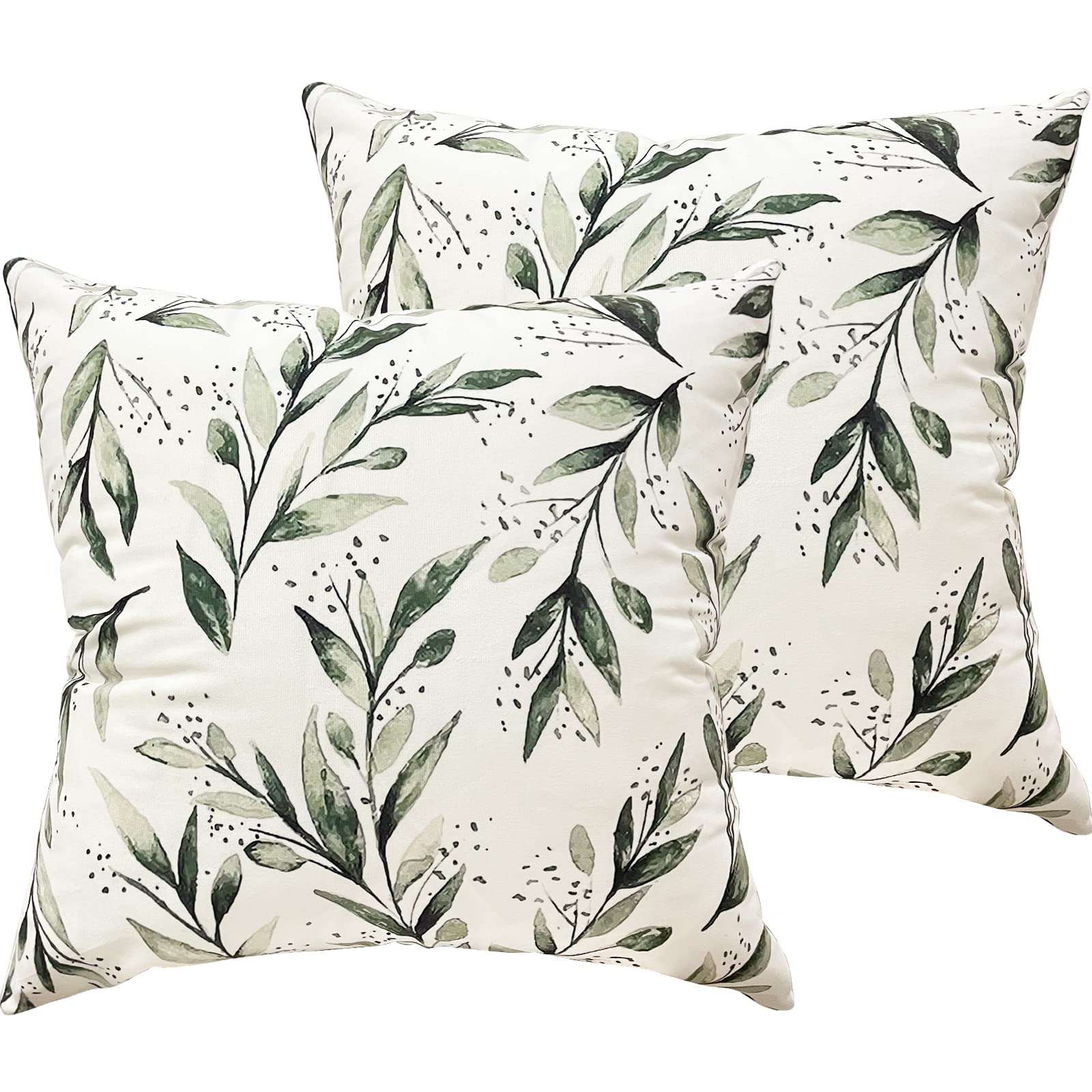 Hunpas Olive Leaf Pillow Covers 18"x18" Set of 2, Square Plush Decorative White and Green Throw Pillows Covers, Modern Outdoor Pillow Covers for Home,