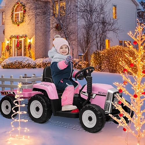 Miniatura 5 de Tractor eléctrico de 12 V para niños con remolque, automóvil para niños pequeños con control remoto, 7 faros LED, cambio de marchas 2+1, reproductor