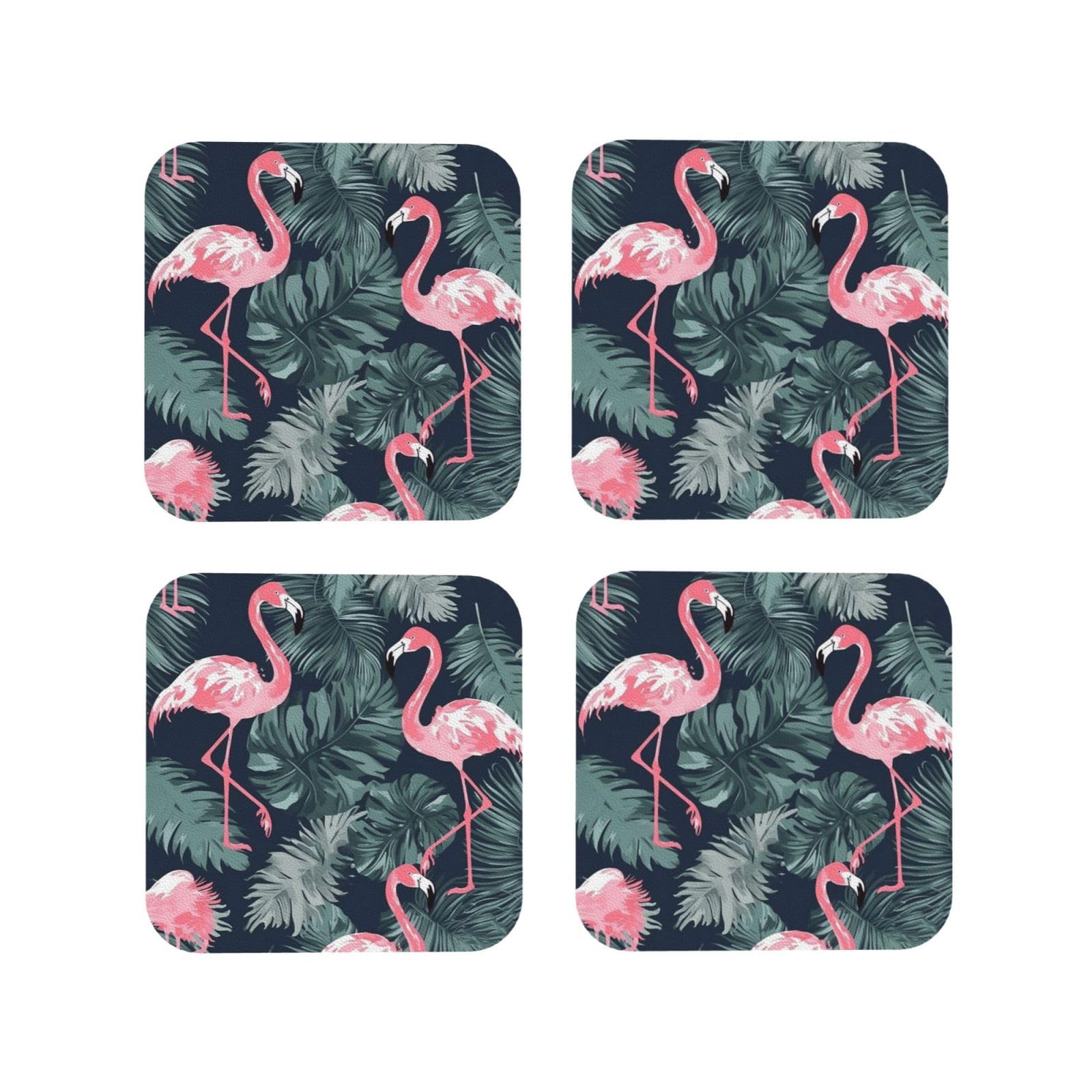 4pcs Drink Coasters for Tabletop Protection, 4" Leather Coasters for Drinks, Flamingo and Leaves Cup Coasters for Coffee Table Decor, Non-Slip Drinking Cup Mat for Hot Or Cold Drink