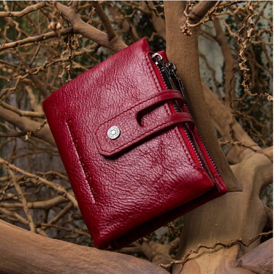 Contacts Men's Genuine Leather Wallet | RFID Blocking Wallet for Men| 14 Card Slots, 1 ID Window | 2 Zipper Compartments, Button Closure (Red)…… 2