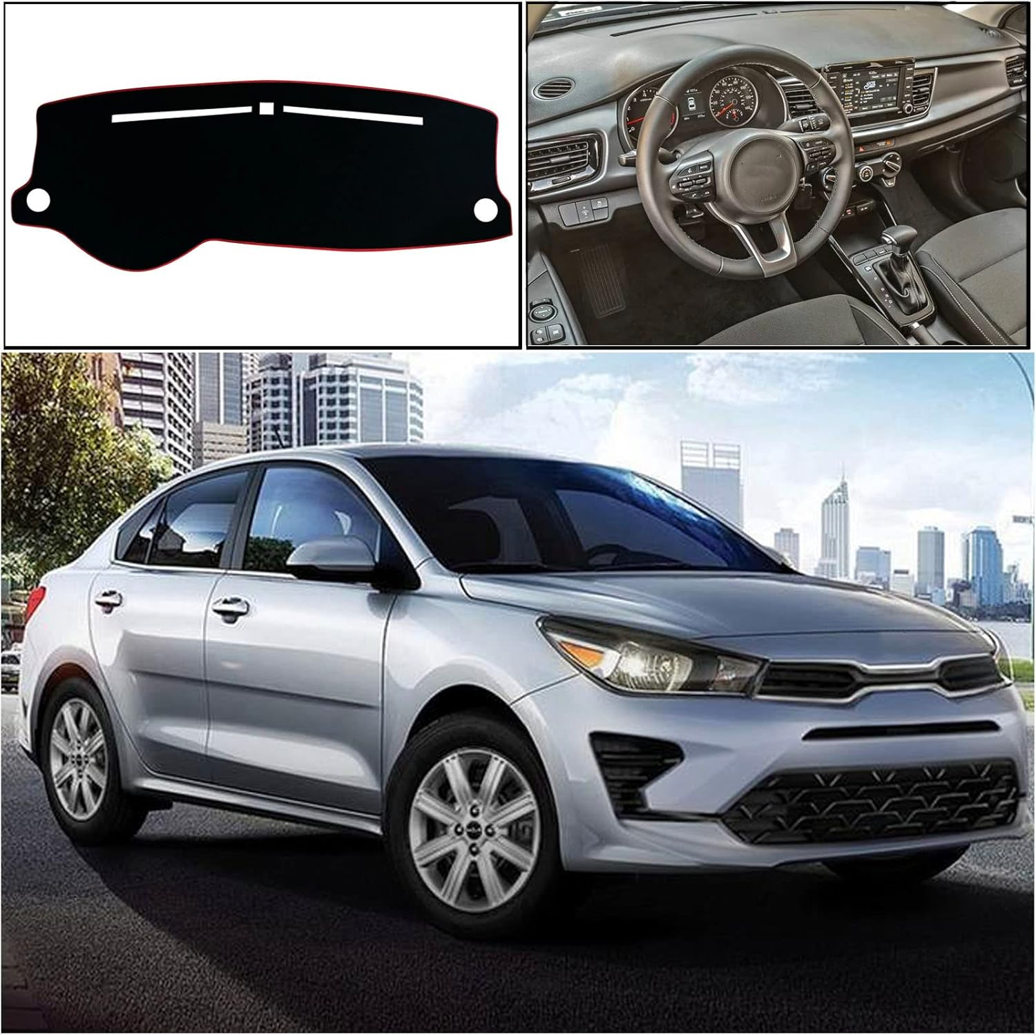 Dash Mat Cover Interior Dashboard Protection pad Compatible with Kia Rio Sedan LX EX S 2017 2018 2019 2020 2021 2022 2023 Sunshade Glare UV Rays Protector (Red Trim)