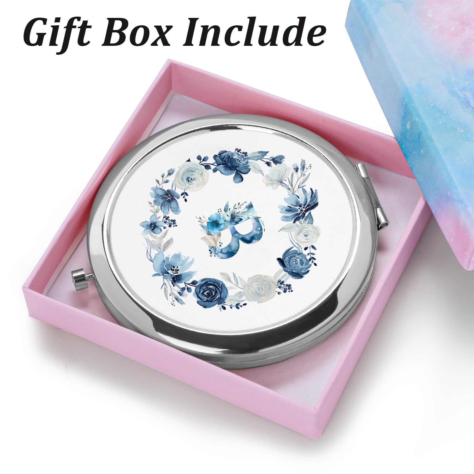 Personalized Gift for Women Girls Her, Custom Gifts for Adult Teen, Floral Monogram Alphabet Initial Compact Mirror for Birthday, Graduation, Mothers Day, Basket Stuffers