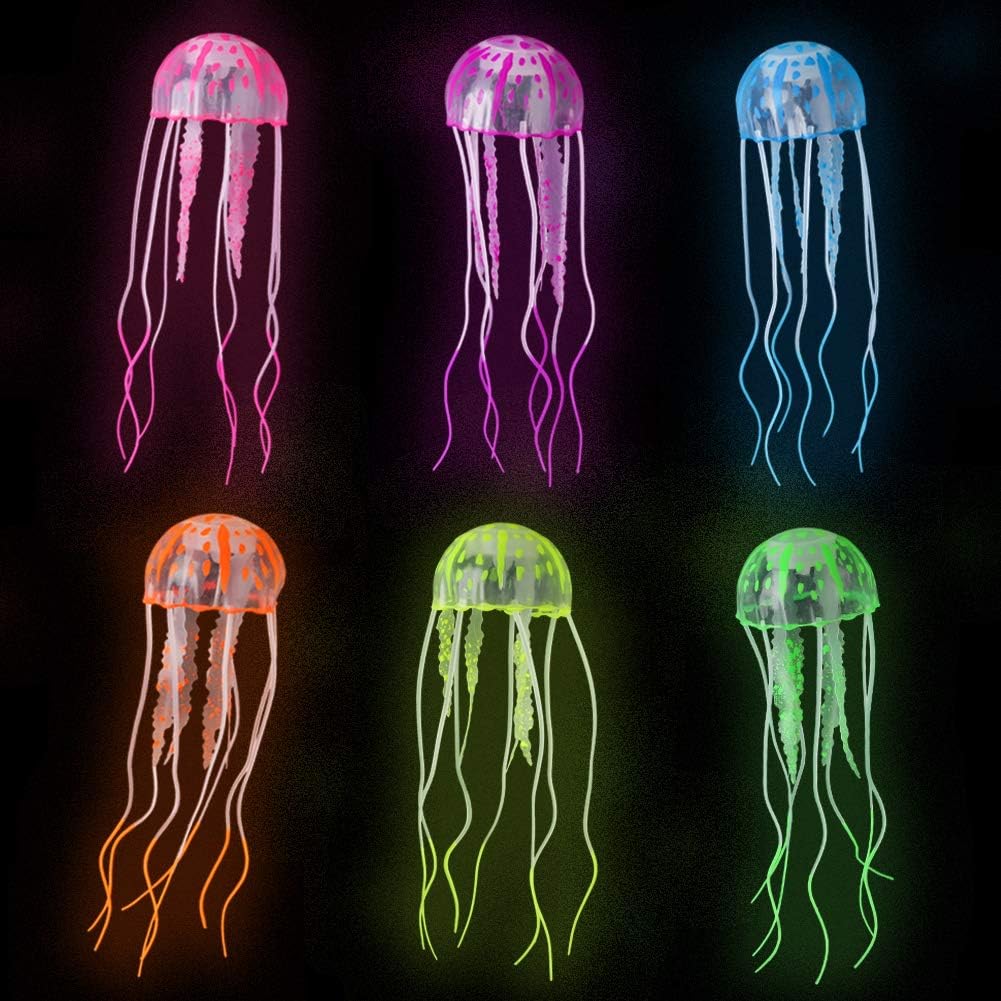 6pcs 2.2x7" Artificial Jellyfish Ornament for Fresh Salt Water, Aquarium Fish Tank Decorations with Realistic Glowing Effect Under Actinic Lighting, Non Toxic Silicone Thin Invisible Line Suction Cup