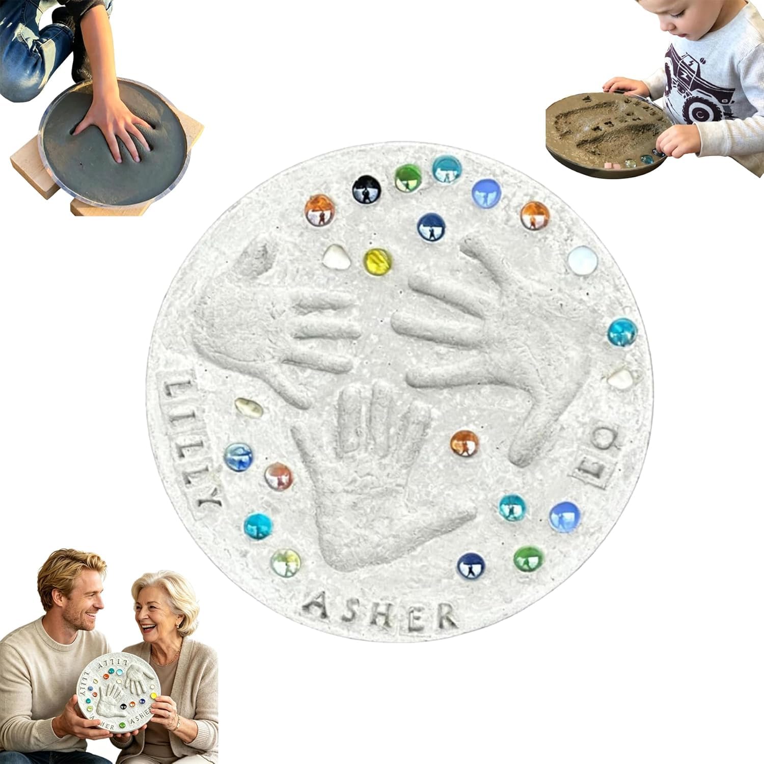 Generisch Vatertag DIY-Handabdruck-Geschenkset, DIY Handprint Keepsake Craft Kit, Large Family Handprint and Footprint Stepping Stone Set with 26 Letter Stamps for Home Garden Decor (Weiß - 14in)