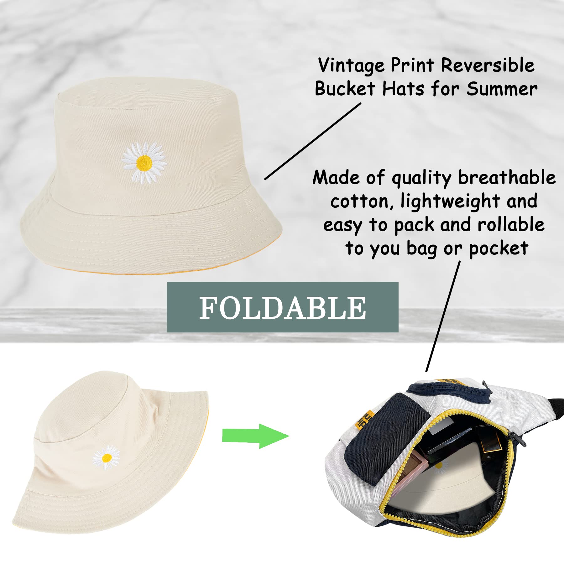 Feng Shui， Sombreros de Pescador para Mujer - Sombreros de Sol de Playa de Verano de algodón Reversible Sombrero de Pescador Plegable para Viajes Playa Senderismo Reino Unido