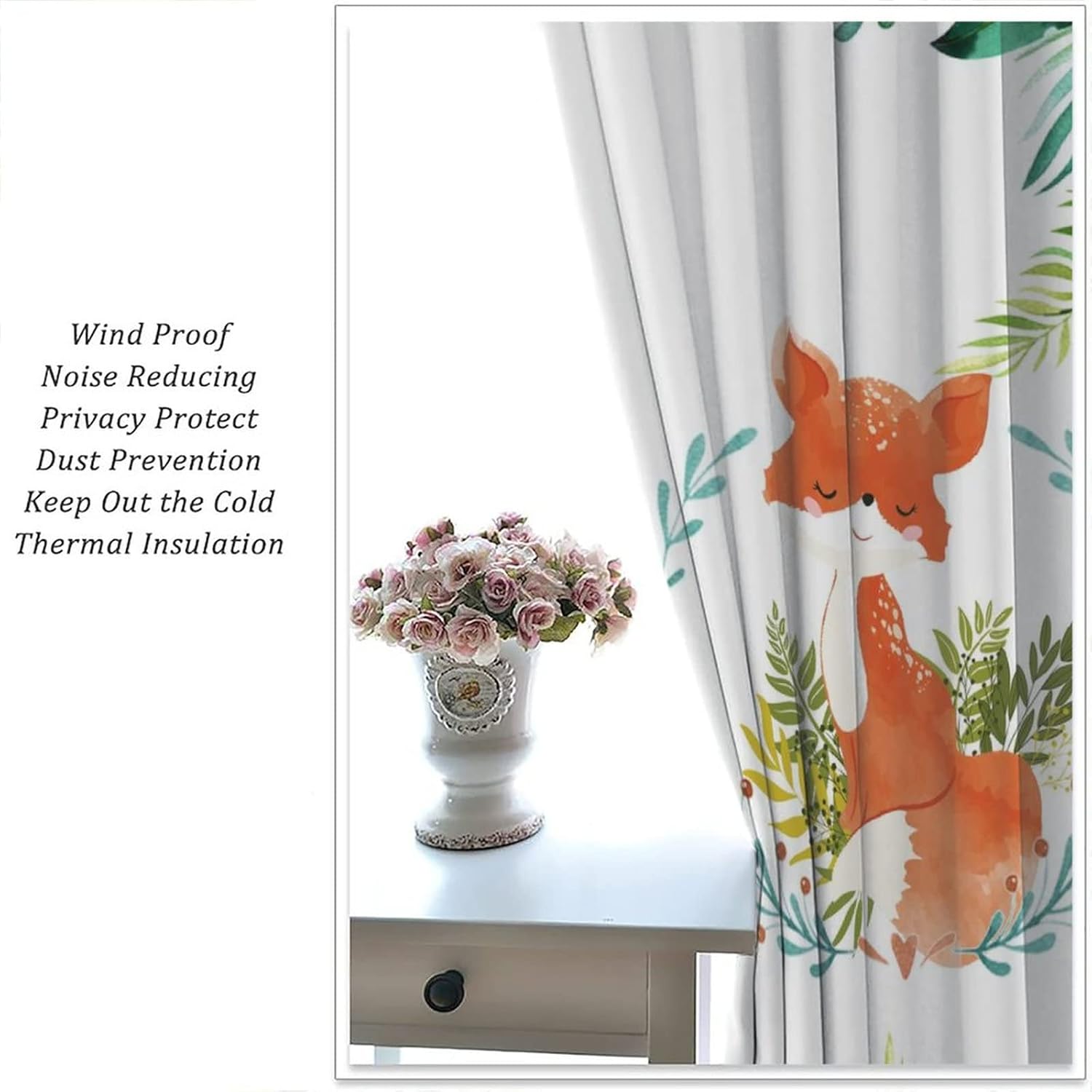 Cartoon Fox Art Blackout Curtains,Watercolor Mid Century Cute Forest Animal Fox Decor Window Curtains Rod Pocket Thermal Insulated Room Darkening Blackout Curtains for Bedroom 2 Panels 45L x 21W