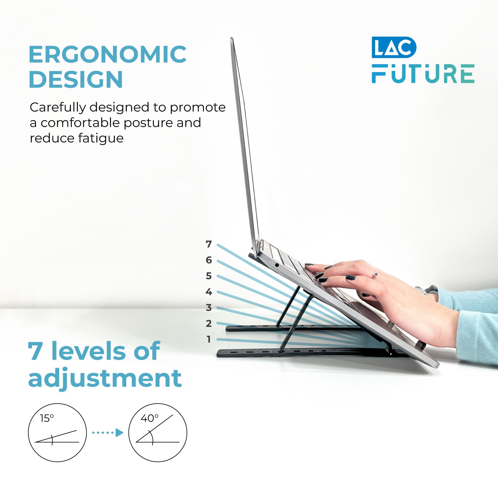 LAC FUTURE Laptop Stand for Desk Black Aluminium, Adjustable Laptop Stand (7 Levels), Foldable & Portable, Holder Ventilated - Image 3