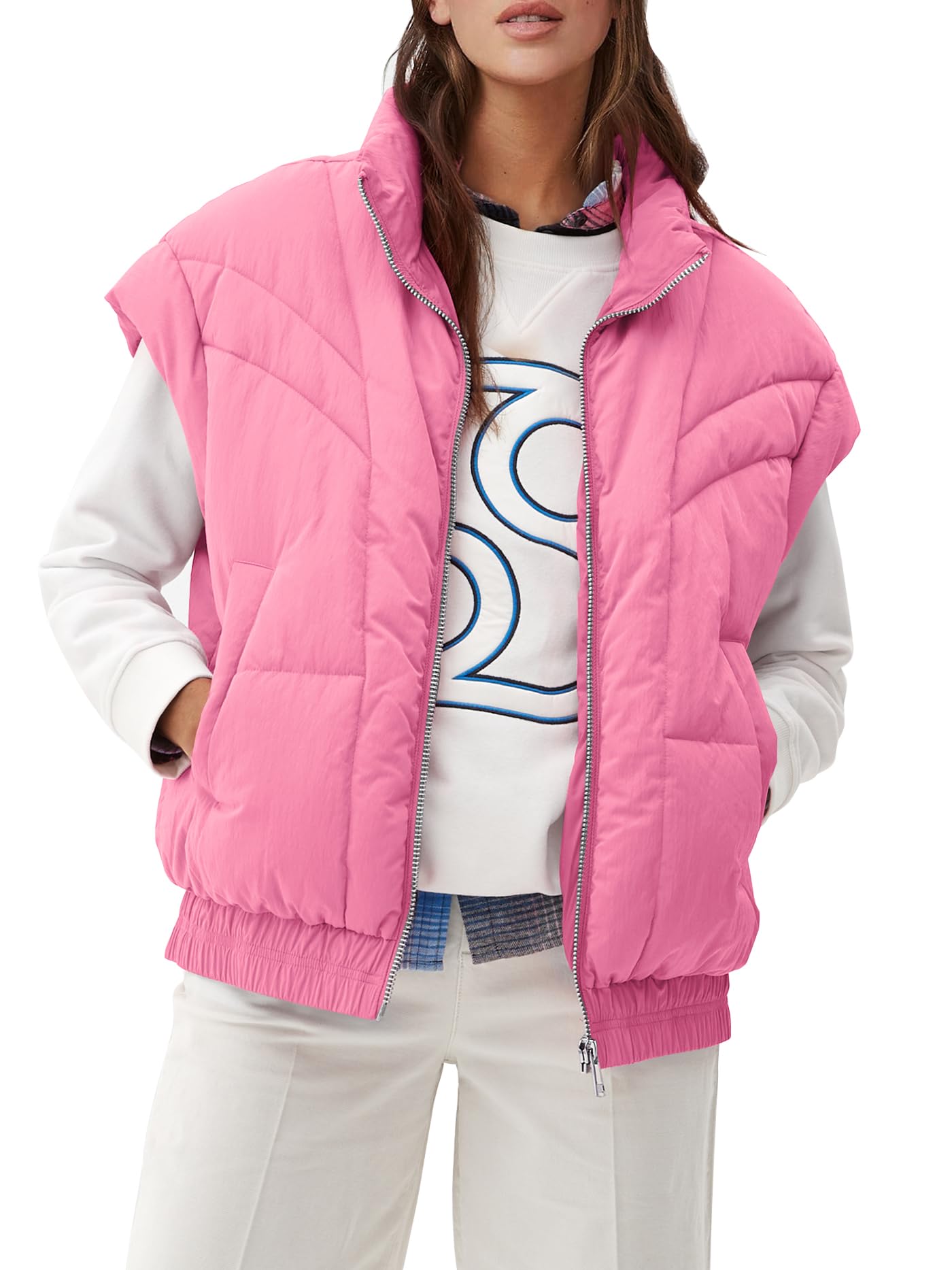 Photo 1 of Fisoew Womens Oversized Puffer Vest Stand Collar Zip Up Winter Sleeveless Coat with Pockets Medium Pink