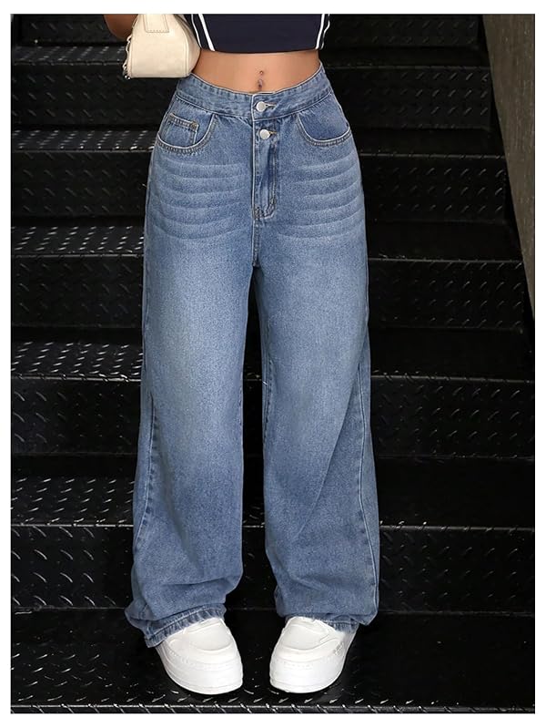 Floerns Girl's Distressed Jeans Baggy Wide Straight Leg Y2k Ripped Denim Pants Pastel Blue 12Y by Floerns - Image 5