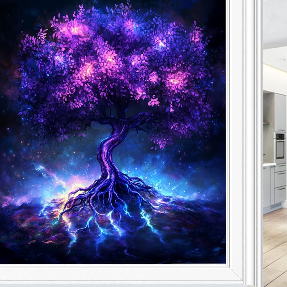 Fantasy Tree Frosted Stained Glass Window Film Abstract Mystery Botanical Beautiful Leaves Privacy Window Film Self-Adhesive Glass Sticker for Home Office Decorative 31.5Wx47.2L inch
