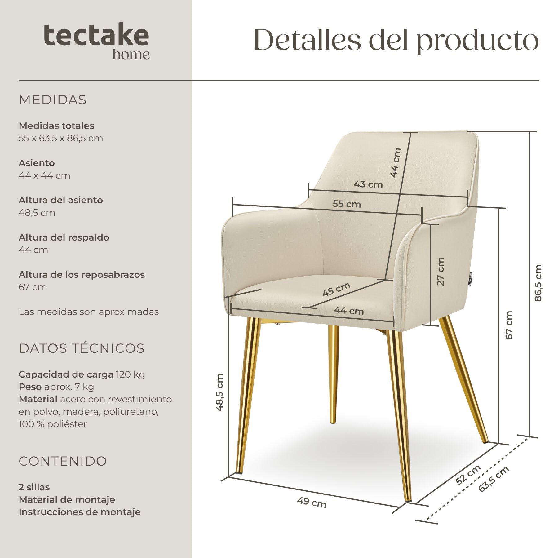 tectake® Silla Tapizada en Terciopelo y con Acolchado de Alta Densidad, Respaldo y Reposabrazos Ergonómicos, Cap. Carga 120 Kg, Estilo Escandinavo, Ideal para Salón y Comedor - 2 Sillas Gris
