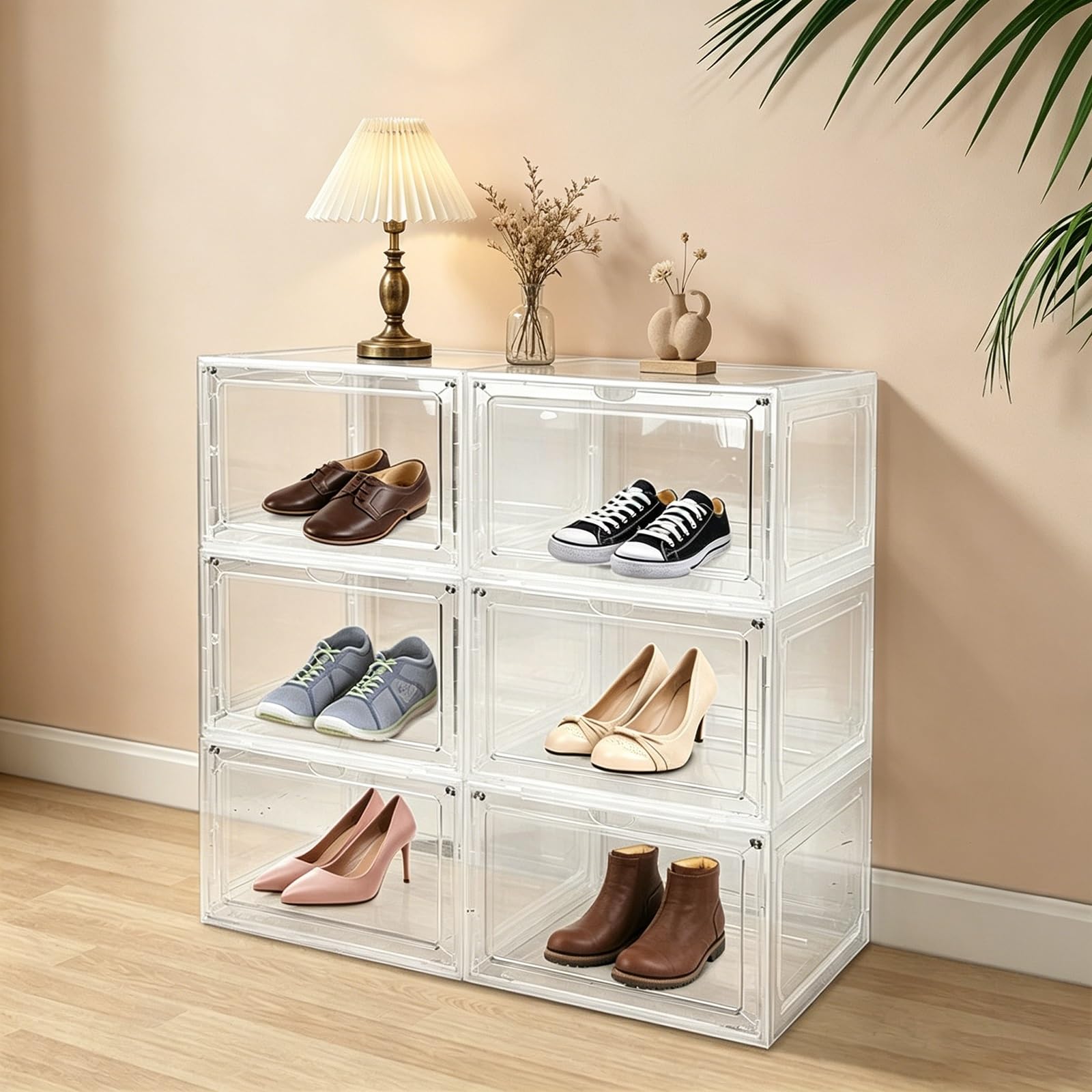 TYNGBT 6 Pack Transparent Shoe Organizer Boxes, Hard Plastic Stackable Shoe Storage
