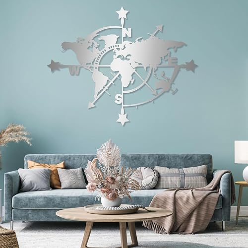 Miniatura 5 de Trpiox Arte de pared de metal con mapa del mundo y brújula, decoración de pared de metal mapa, decoración de pared de brújula para sala de estar,
