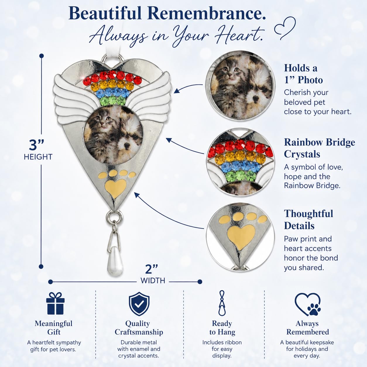 BANBERRY DESIGNS Rainbow Bridge Pet Memorial Ornament - Silver Heart Shaped Photo Ornament with Rainbow Crystals - Rainbow Bridge Poem Printed on Gift Box