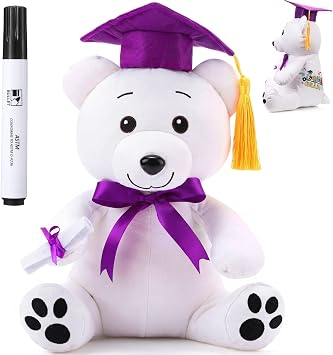Zomiboo Graduation Bear Autograph Stuffed Animal 2026 Smooth Fabric Stuffed Bear Toy with Congrats 12 Inches Grad Plush Autograph with Marking Pen Gold Tassels for Graduate Student PartyPurple