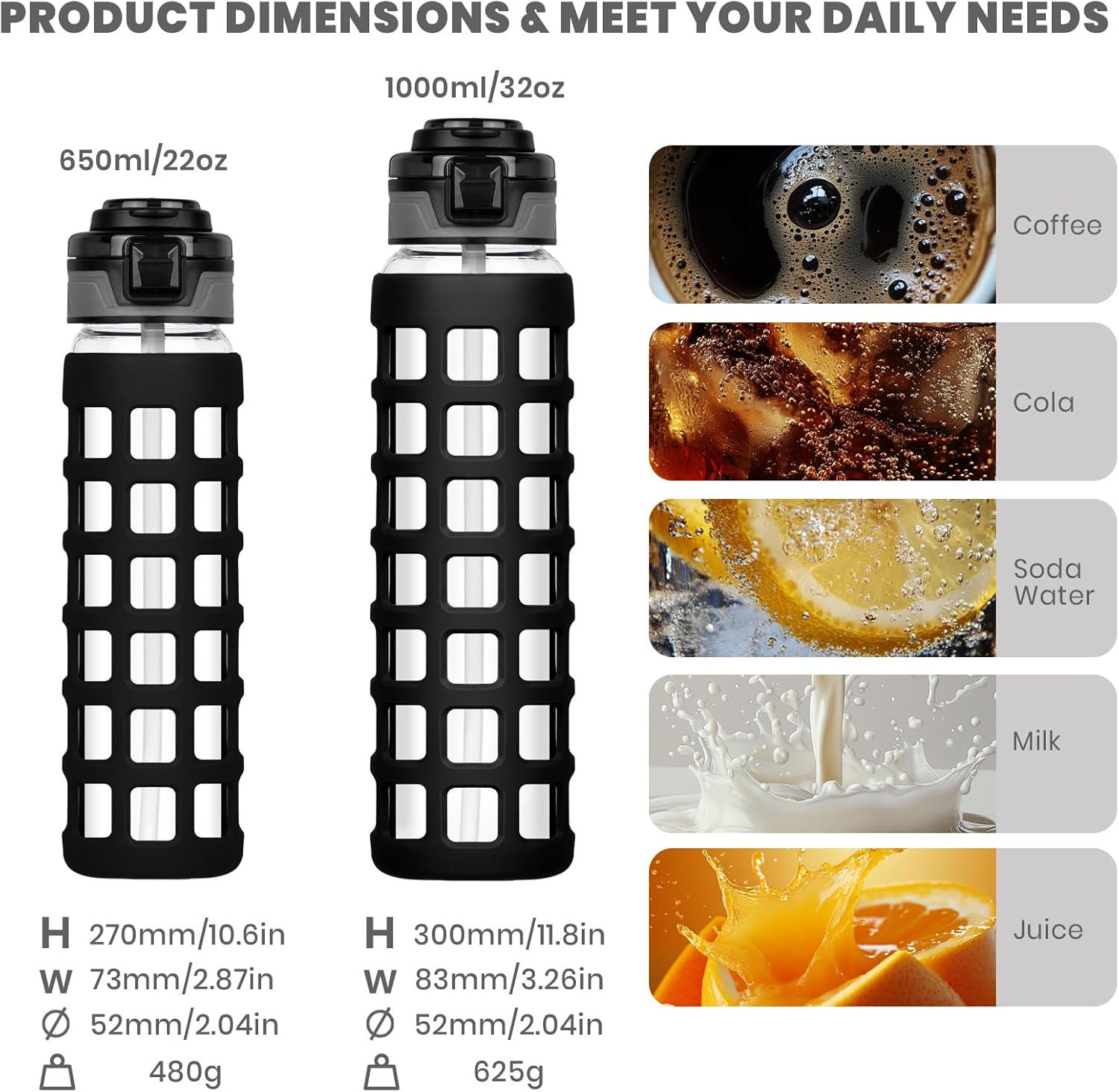 32oz/22oz Glass Water Bottle with Straw Handle Flip lids, leakproof, BPA free, Borosilicate Glass Bottles, with Protective Non-Slip Silicone Sleeve Sports Glass Drinking Bottles Black - Image 2