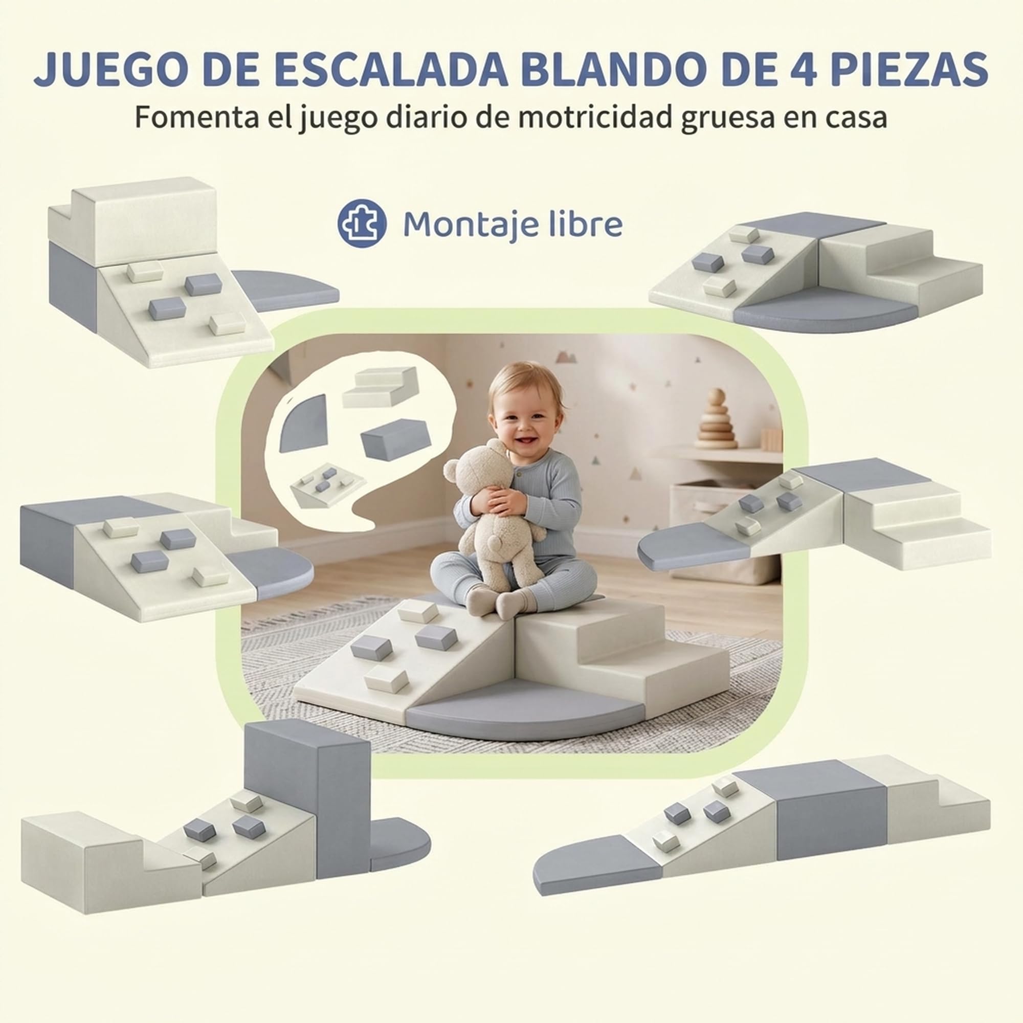 AIYAPLAY Set Soft Play da Interno, 4 Blocchi per Bambini, Grigio Chiaro