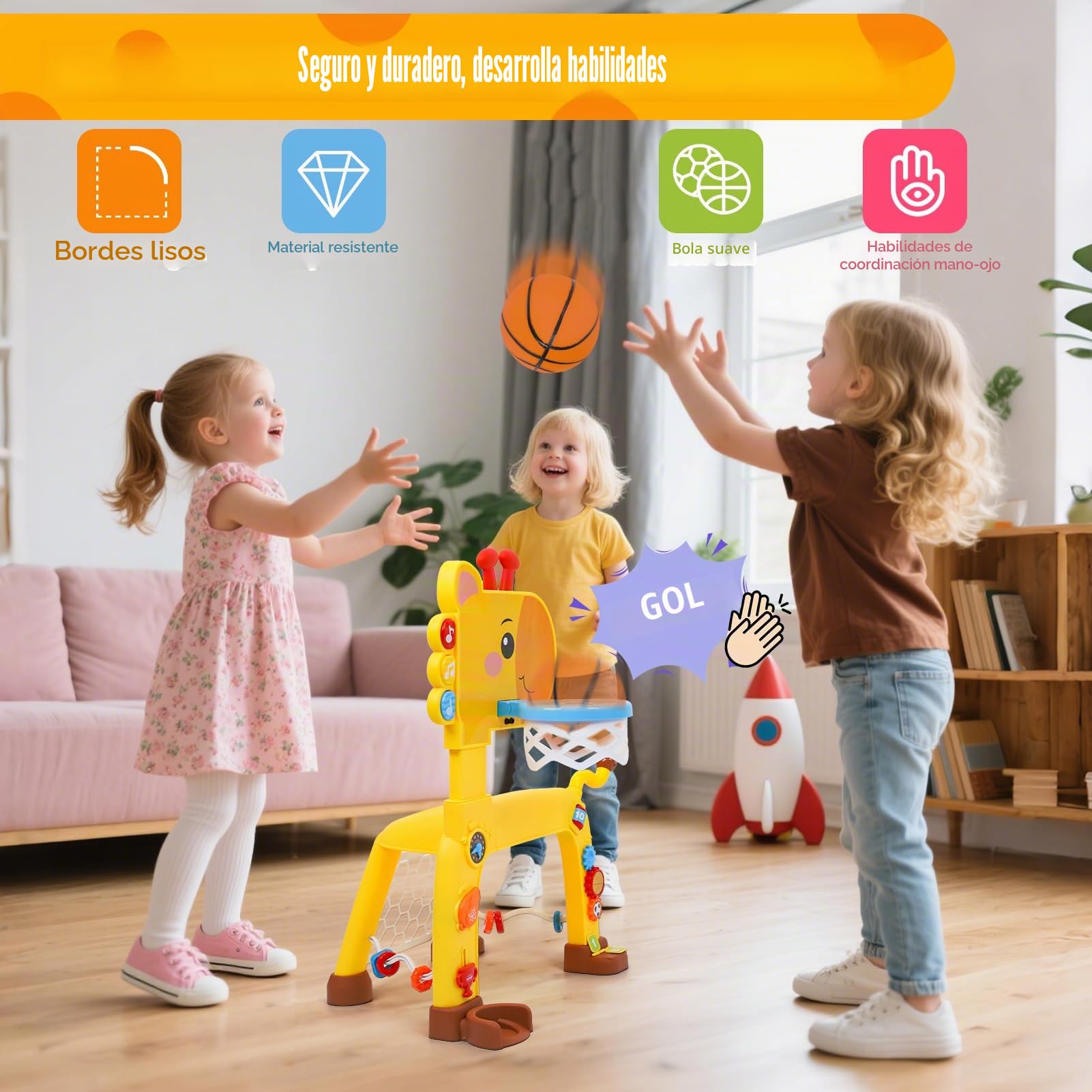 Wdmiya Centro Deportivo 4 en 1 para Niños, Centro de Deportes con Baloncesto, Fútbol, Lanzamiento del Anillo, Golf y Musical,Canastas Baloncesto Infantiles Actividad con Altura Ajustable