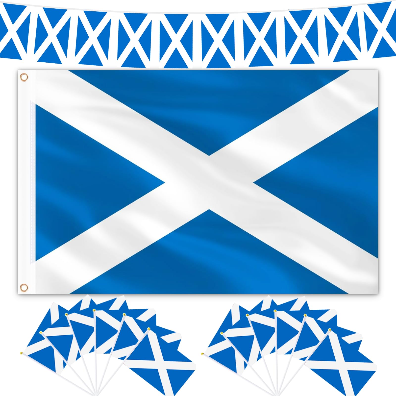 AhfuLife Scottish Flags Set for Burns Night Decorations, 10m-30pcs Scottish Banners Bunting, 1pcs 5 * 3ft Scotland Flag, 12pcs Handheld Flags for St. Andrew's Day World Cup Street Garden Decor — image 1