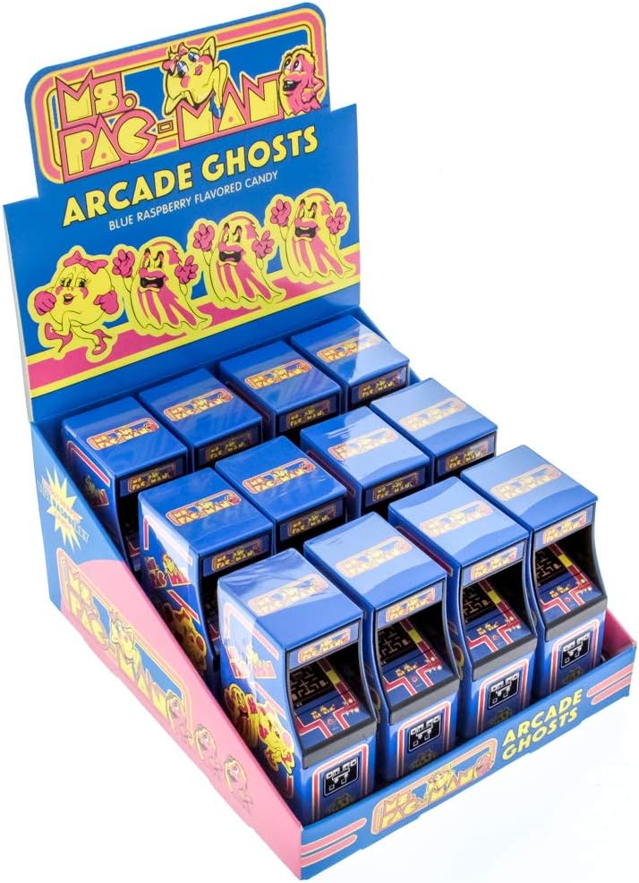 Ms. Pac-Man Arcade Ghost Candy Filled Tins - Blue Raspberry Flavored Ghost Candies - Includes "How To Build a Candy Buffet" Guide (12 Pack Display)