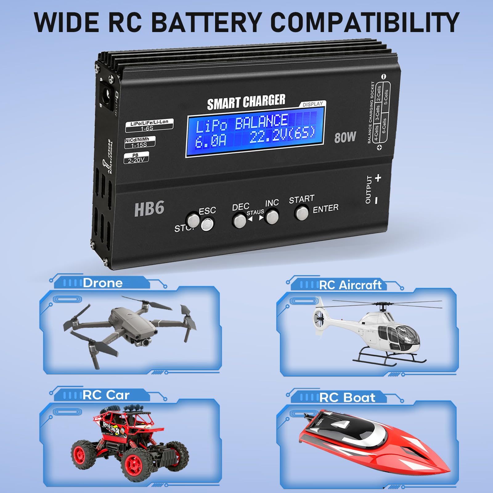 HTRC LiPo ładowarka 80 W 6 A RC ładowarka do akumulatorów LiPo/Li-Ion/Life 1-6S, NiMH/NiCd 1-15S, PB 2-20V, z XT60/EC3/Deans/Tamiya/Tamiya Mini/JST/FUTABA/TRX, wyświetlacz LED, 5 profili pamięci