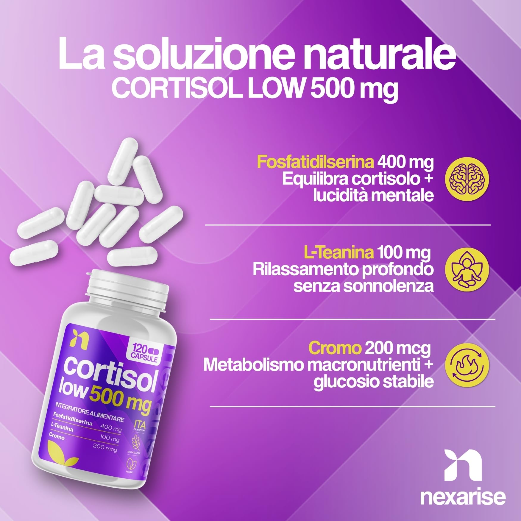 Cortisol Low 500mg | 120Cps con Fosfatidilserina 400 mg, L-Teanina e Cromo Picolinato | Supporto naturale per Abbassare il Cortisolo e Benessere Mentale | 4 Mesi di fornitura | Prodotto in Italia
