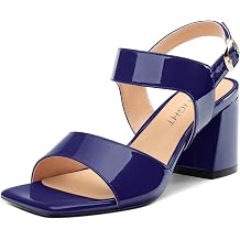 AMBELIGHT Womens Summer Square Open Toe Chunky Mid Heeled Sandals Ankle Buckle Slingback Patent Block Heels For Daily Wear Comfortable Dressy Wedding Vacation Shoes For Women