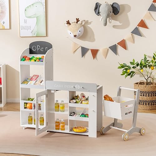 Miniatura 2 de Costzon Juego de tienda de comestibles para niños, tienda de juegos de madera convertible con carrito de compras, escáner, pizarra y cinturón de