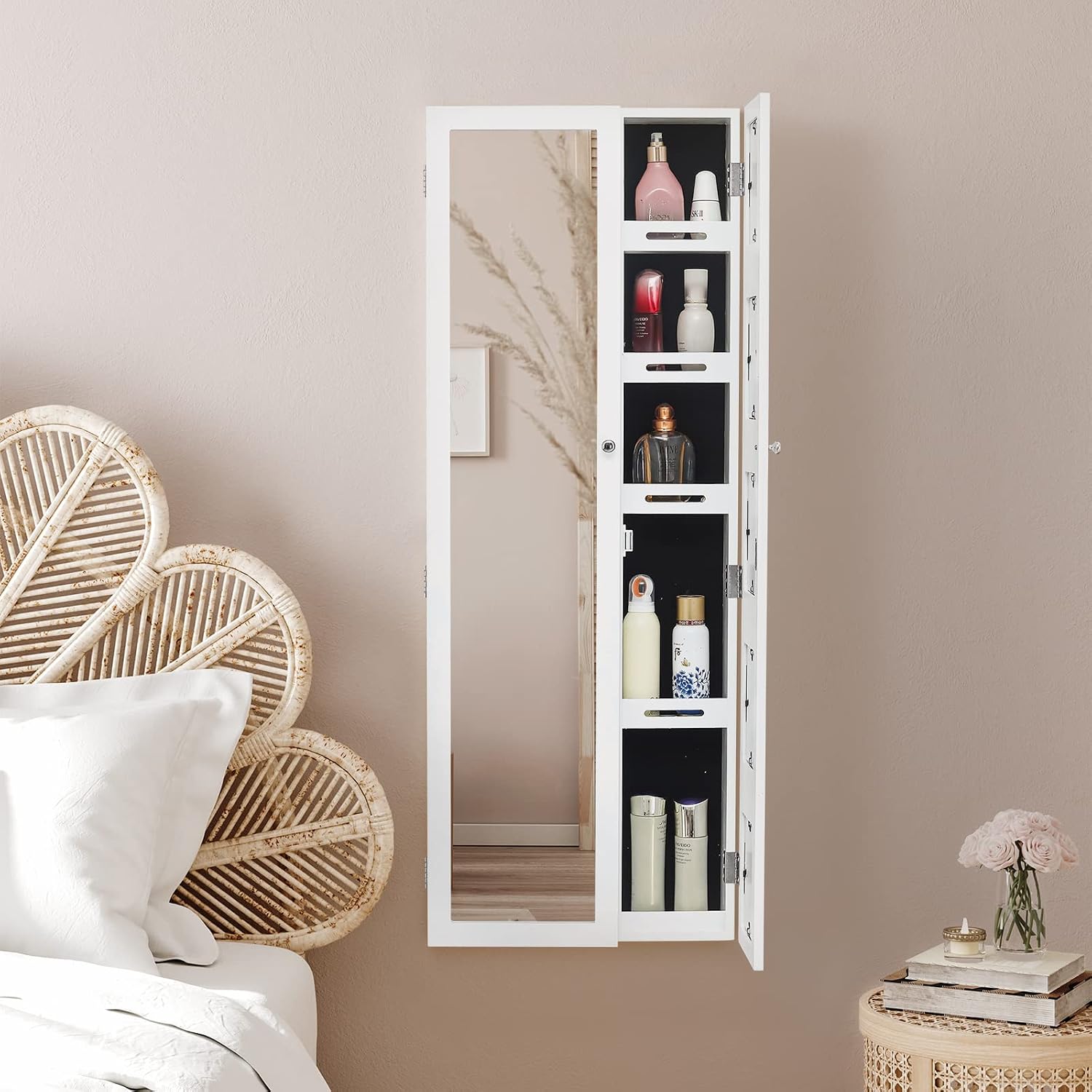 Jewelry Armoire Wall Door Mounted, Jewelry Cabinet with Non Full Length Mirror&Photo Frame, Jewelry Organizer Box, Multi-Layer Mirror with Jewelry Storage,White