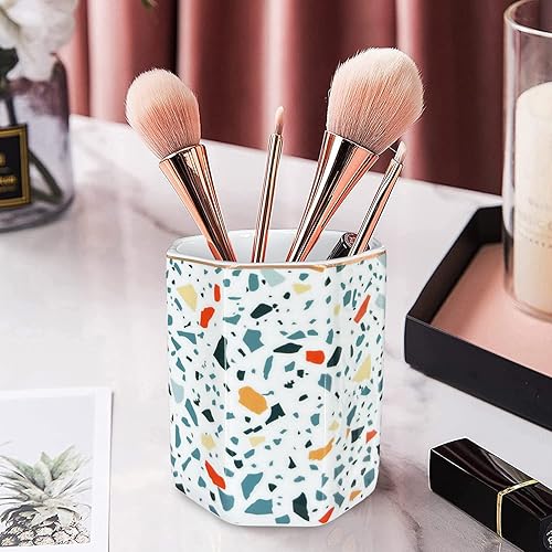 Miniatura 7 de Portalápices de cerámica de 2 compartimentos - Organizador de lápices de mármol de terrazo dorado para mujeres - Azul