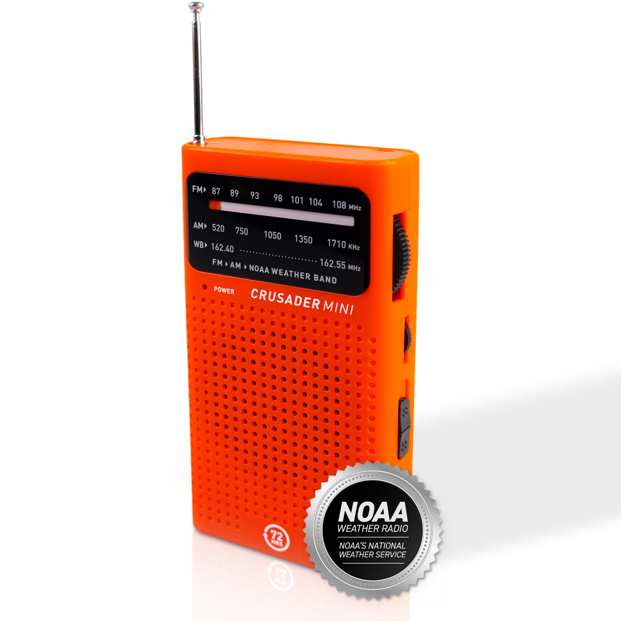 72 HRS (Upgraded) CRUSADER MINI NOAA/AM/FM Emergency Weather Radio, Powered by 2AA Battery(Not Included), Premium Designer Radio with Finest Tuning Knob and Speaker (Red)
