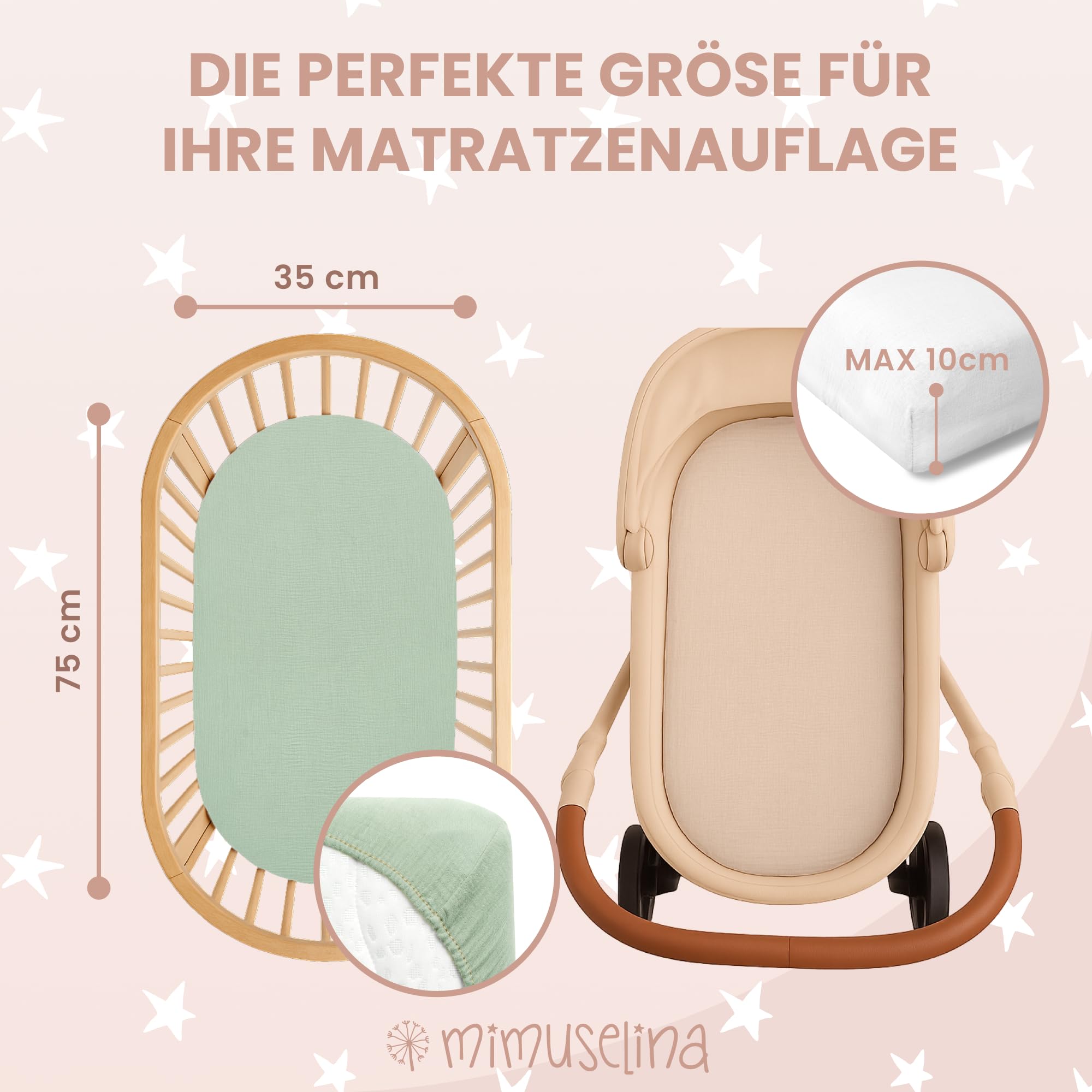 Mimuselina Spannbettlaken Stubenwagen 35x75 – 2er-Pack Stubenwagen Bezug 75x35 aus 100% weicher, atmungsaktiver Musselin-Baumwolle – Handgefertigt in Spanien – [Mint + Sand]