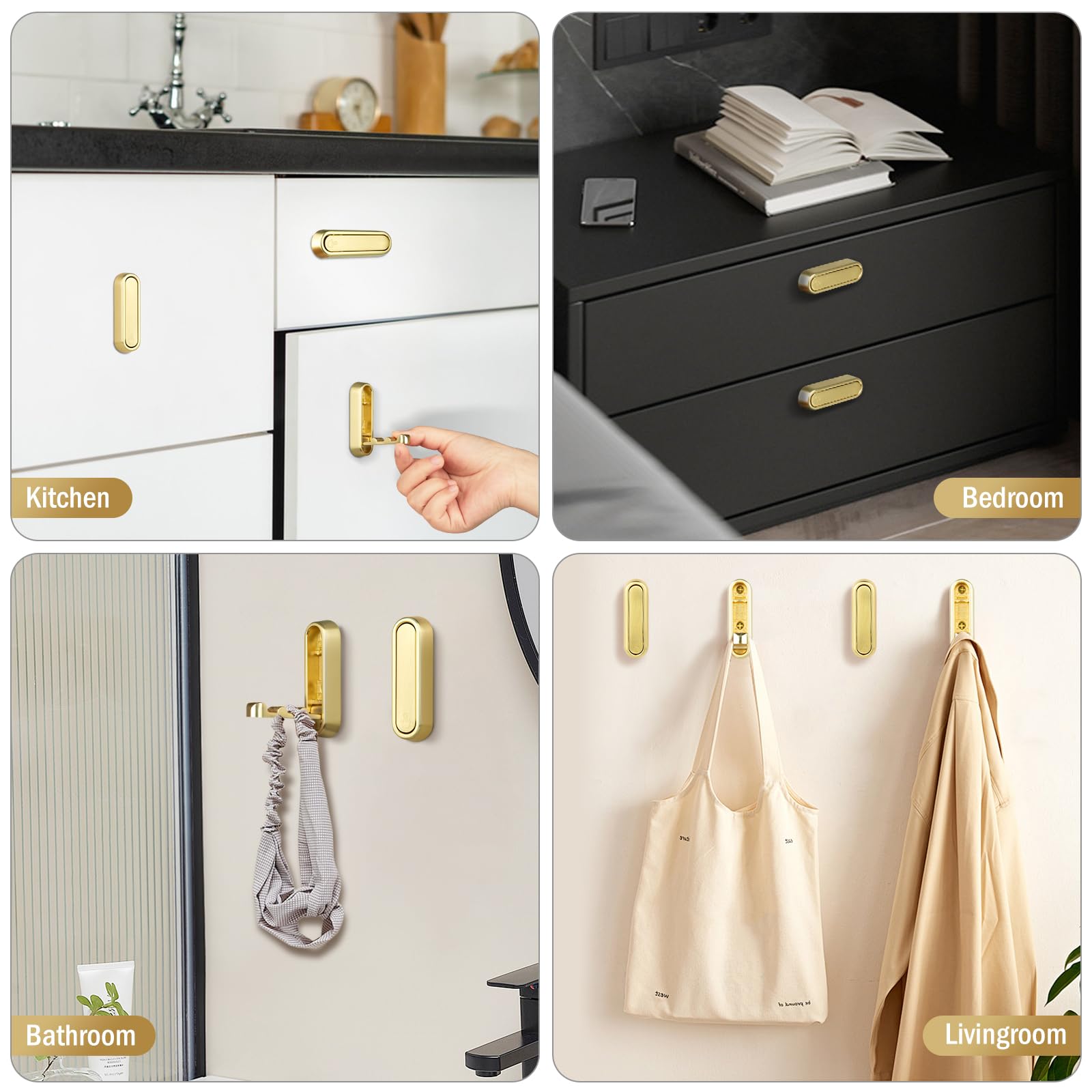 Keledz Foldable Gold Wall Hooks, 4 PCS Heavy Duty Folding Coat Hooks for Hanging Coats, Towels, Backpacks, Bags, Brushed, Keys, Invisible Wall Hook in The Bathroom, Closet, Entryway, Kitchen