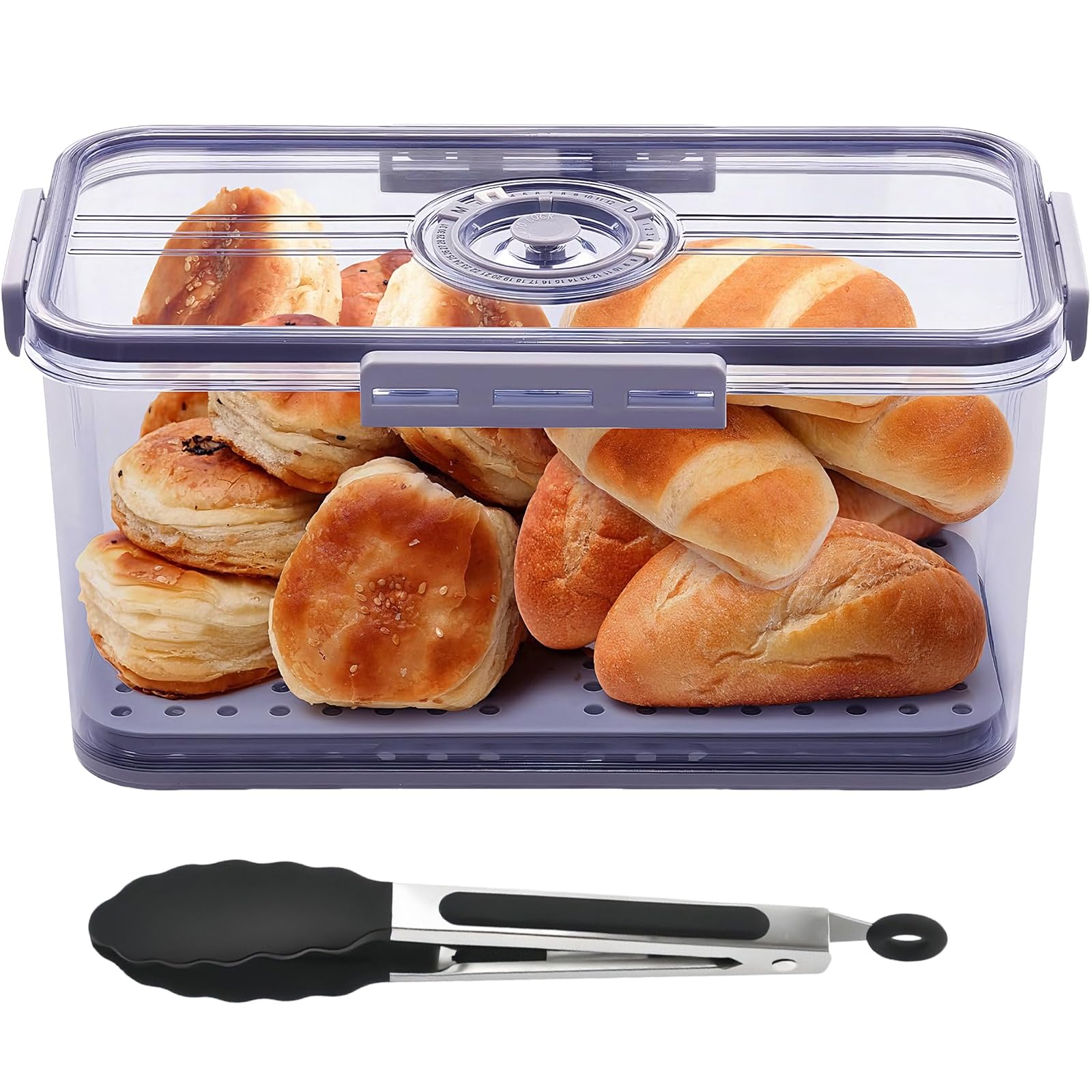 Houbobo Grey Translucent Bread Bin For Kitchen Counter, Time Recording Bread Box With Airtight Lid And Kitchen Tongs, Large Capacity Bread Storage Container For Loaves, Pastries, Rolls And Cookies