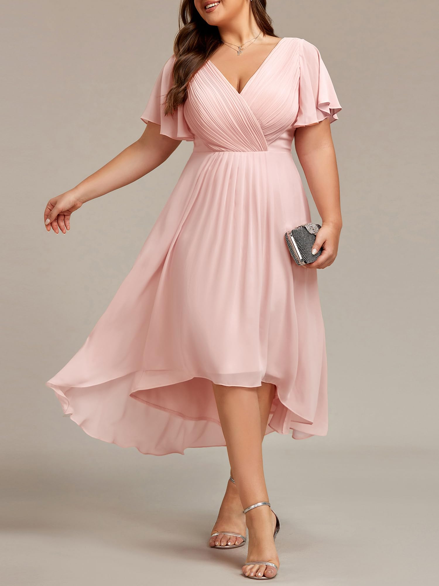 Ever-Pretty Donna Una Linea Increspato Scollo A V Maniche Corte Al Ginocchio Plus Size Wedding Guest Dress 01923-DA, Rosa, 58