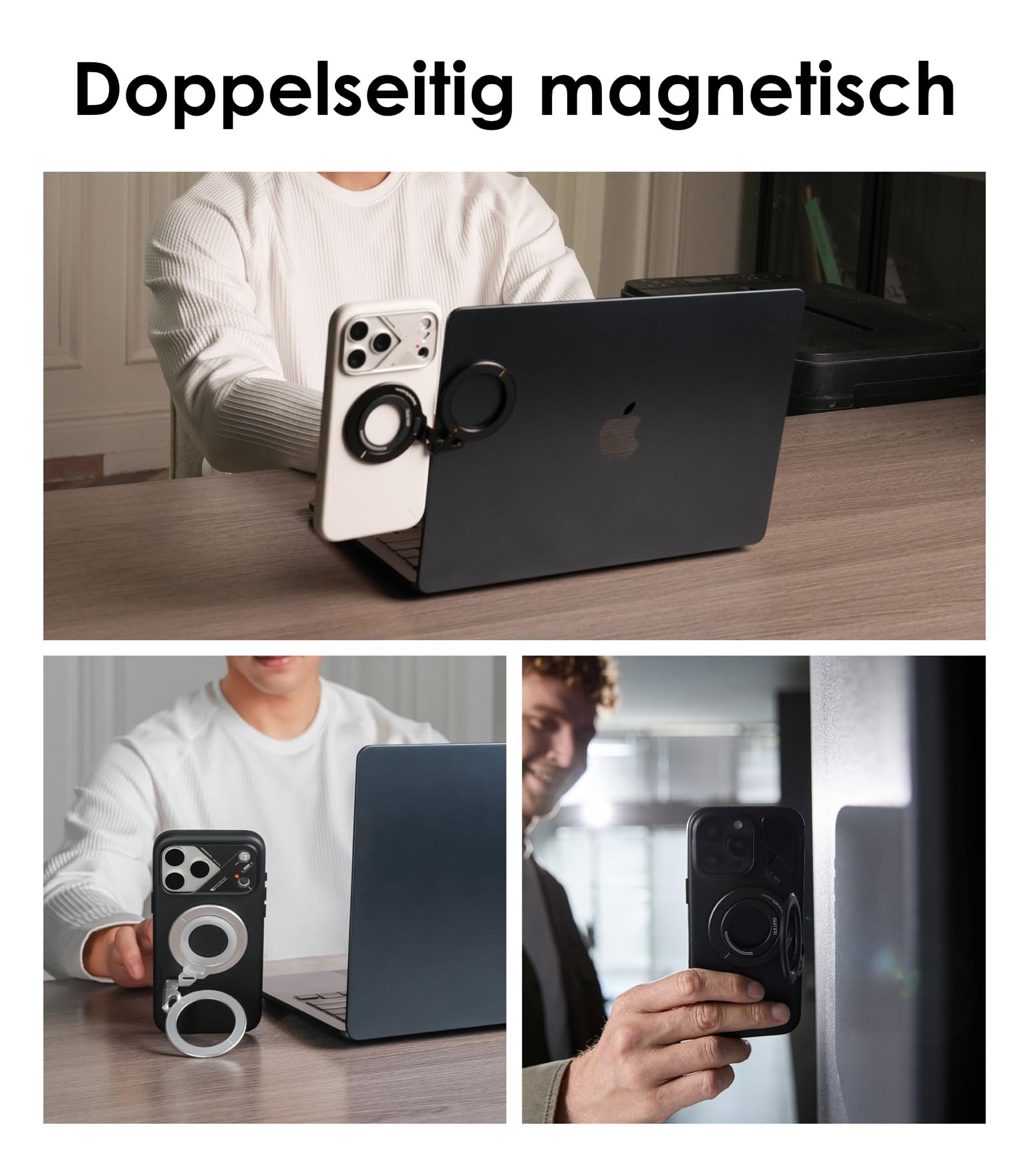 Aulumu G09 Handy Ring Halterung für MagSafe Ring 360° Drehung Handy Griff und Stand, Aluminium Doppelseitige Magnetische Fingerhalter für iPhone 17 16 15 14 Pro Max und Handyhülle für Samsung, Schwarz