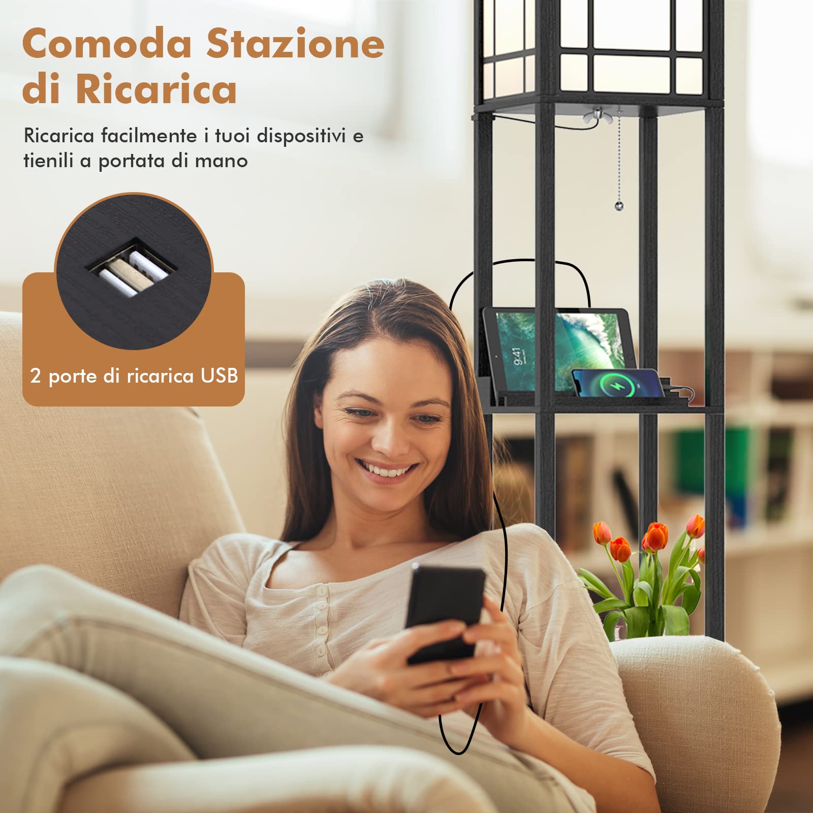 GYMAX Lampada da Terra a Mensola, con 3 Ripiani, Porte di Ricarica USB e 1 Cassetto, per Soggiorno, Camera da Letto, Design Vintage e Moderno, Nero (Stile 1)