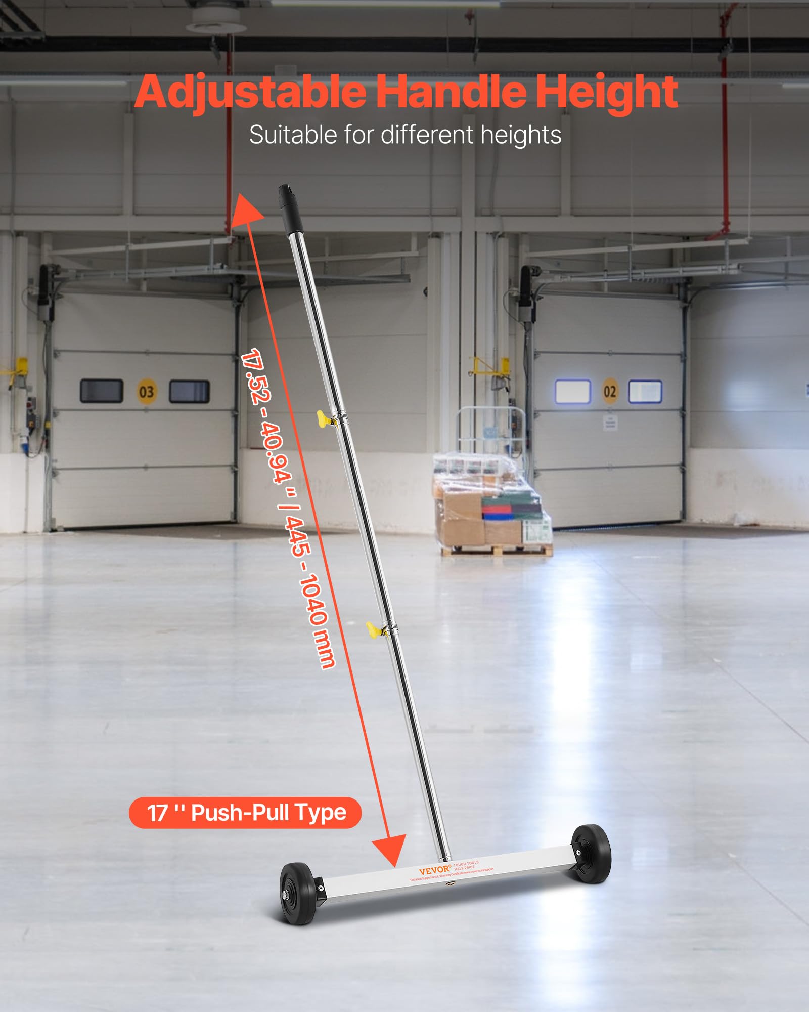 VEVOR Escoba Magnética con Ruedas, Capacidad de Carga de 4,5 kg, Mango Ajustable, para Recoger Clavos y Tornillos, Limpieza para Sitios de Construcción, Fábricas y Almacenes, 445 x 75 x 1040 mm