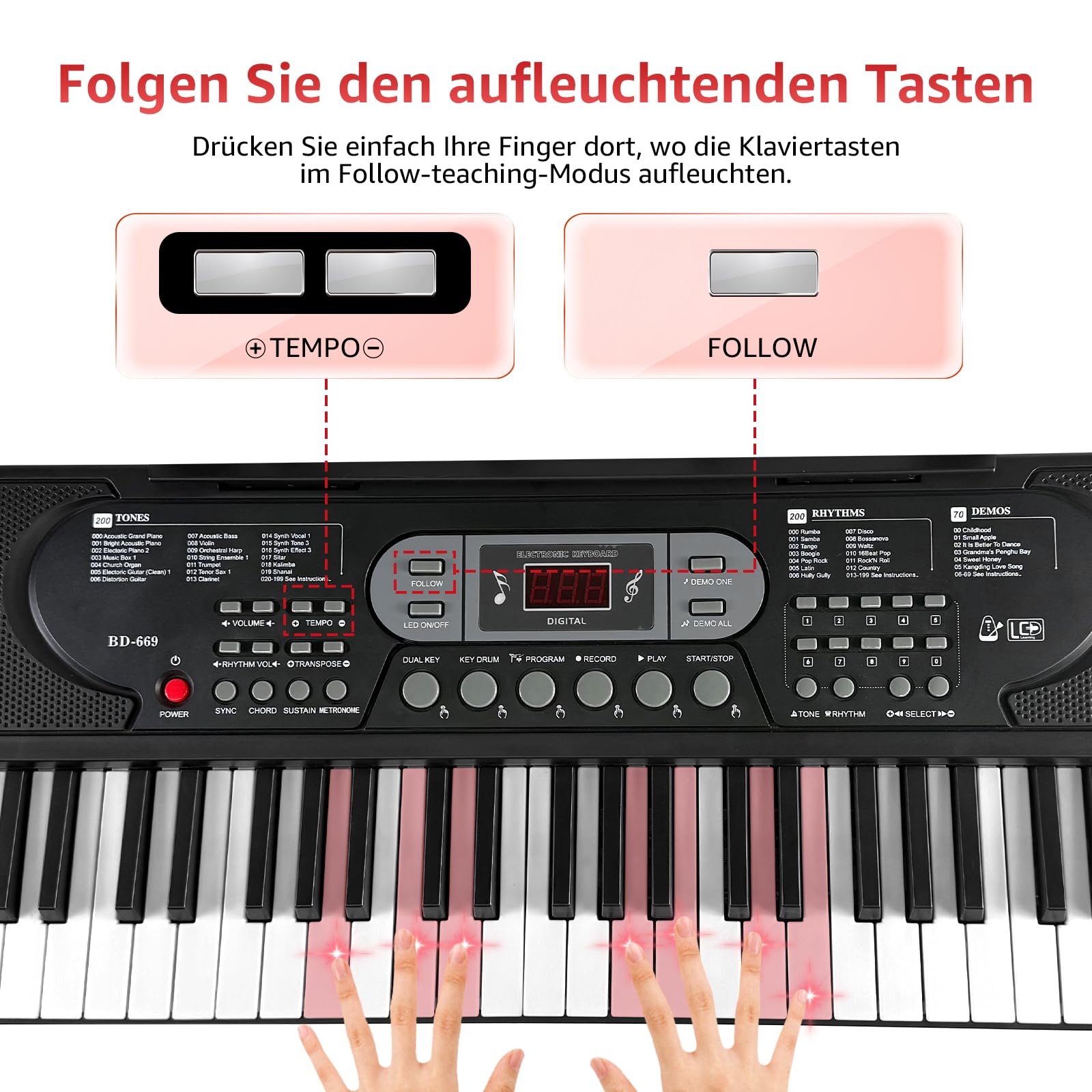 61 Key Lighting Keyboard Piano, Digital Piano Keyboard für Anfänger, E Piano mit Ständer, Bank, Tablet-/Notenablage, 200 Sounds & Lektionen & 70 Demo-Songs